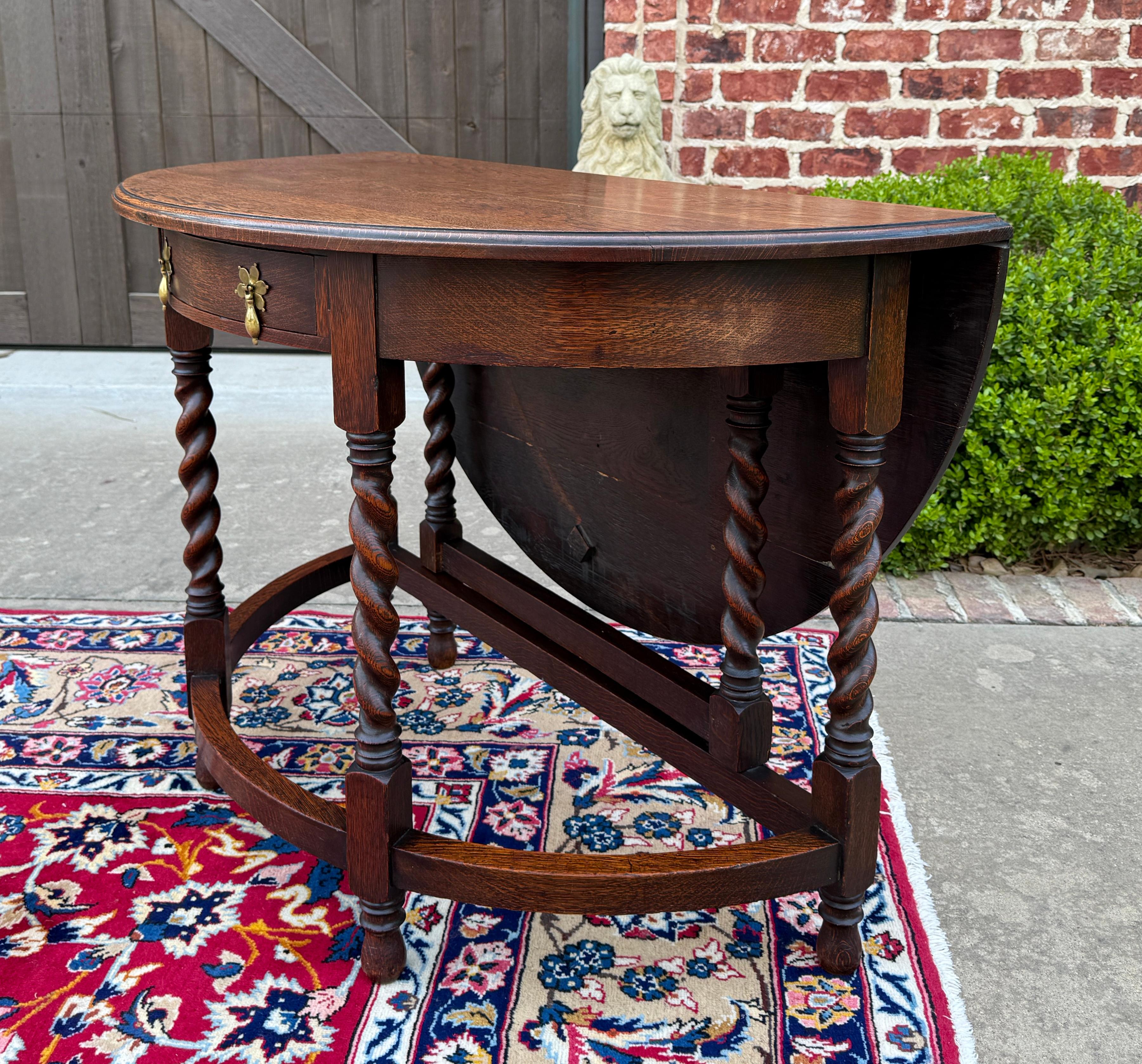 Carved Antique English Demilune Table Drop Leaf Barley Twist w Drawer Oak ROUND 1920-30 For Sale