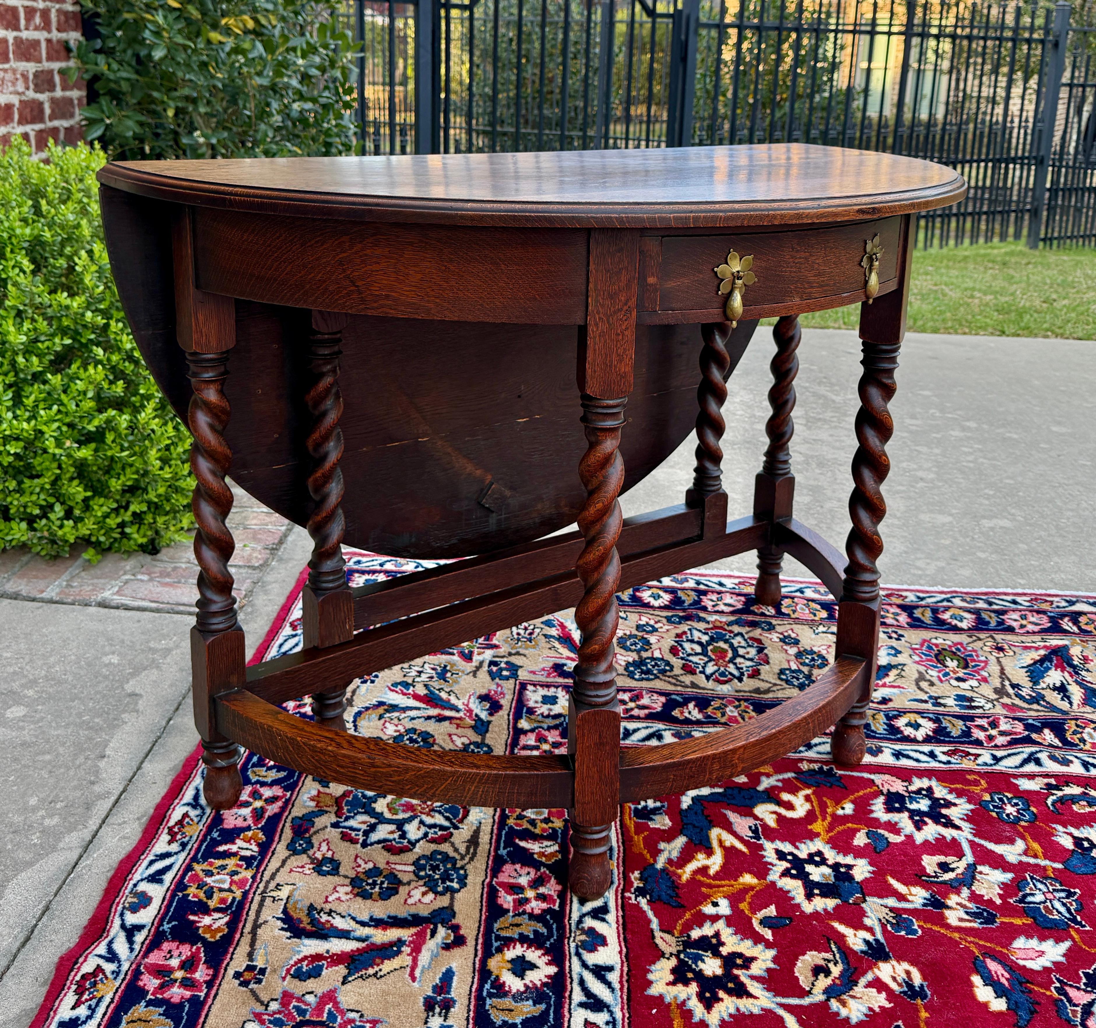 Antique English Demilune Table Drop Leaf Barley Twist w Drawer Oak ROUND 1920-30 In Good Condition For Sale In Tyler, TX