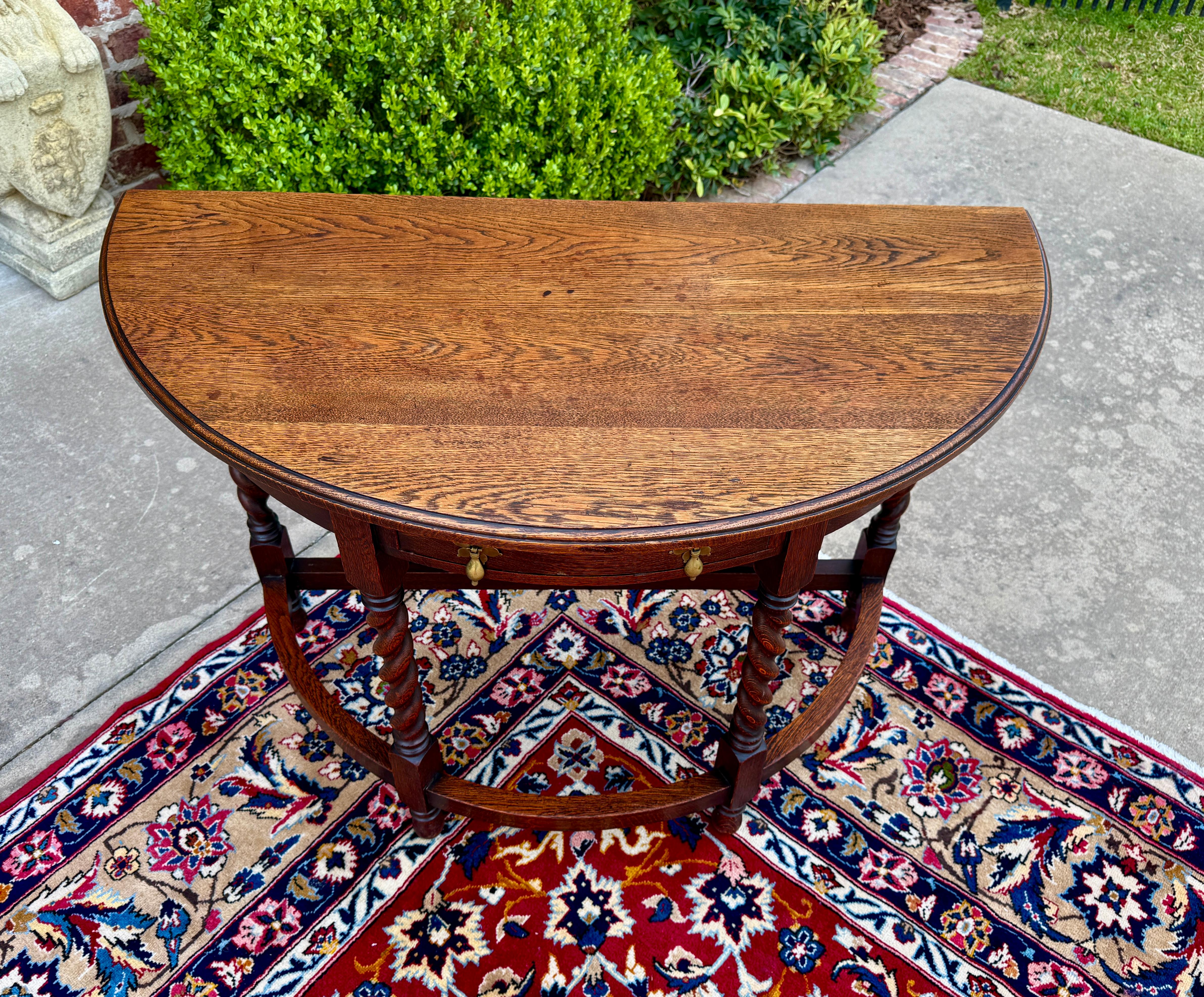 Early 20th Century Antique English Demilune Table Drop Leaf Barley Twist w Drawer Oak ROUND 1920-30 For Sale
