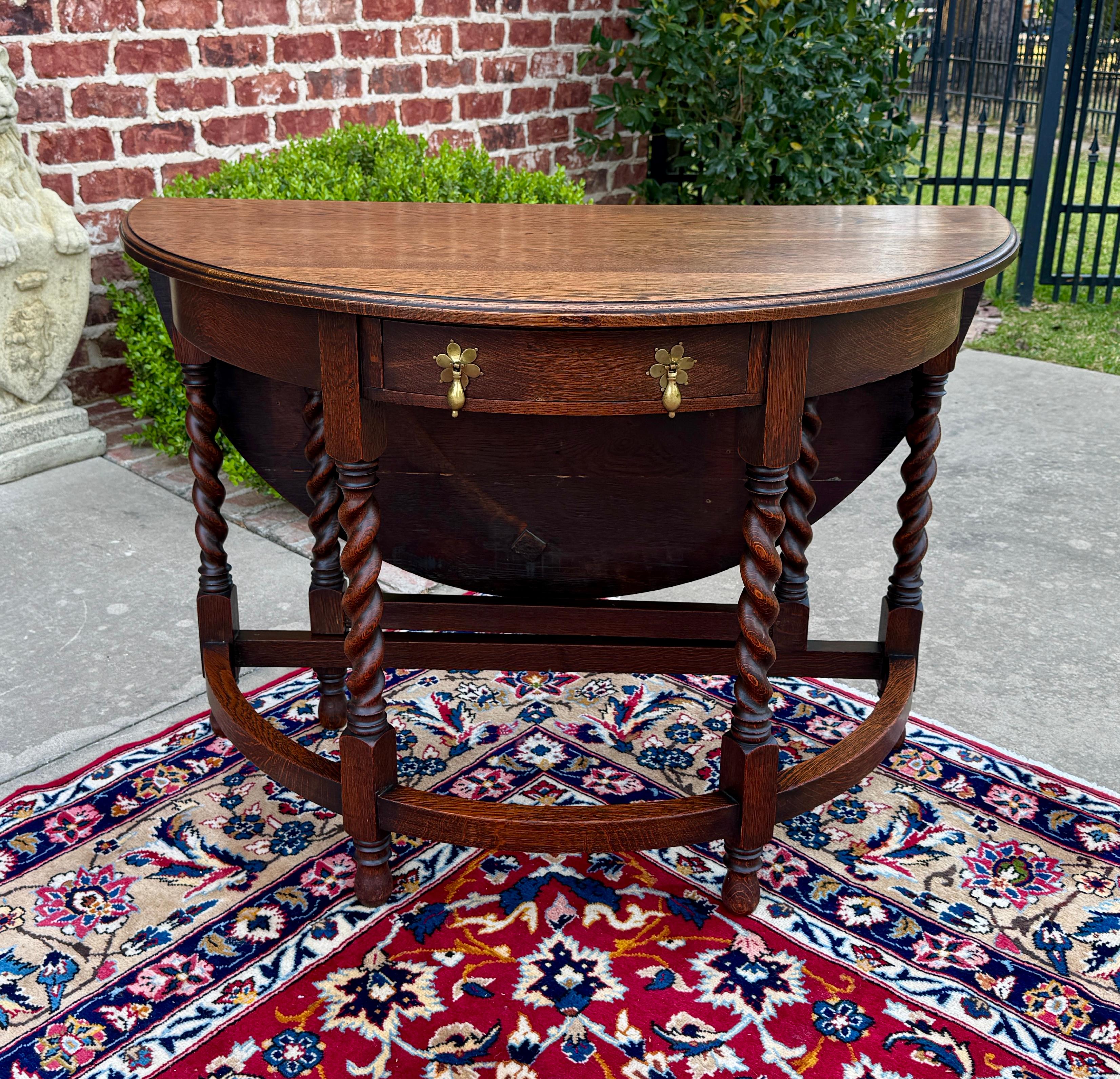 Antique English Demilune Table Drop Leaf Barley Twist w Drawer Oak ROUND 1920-30 For Sale 2