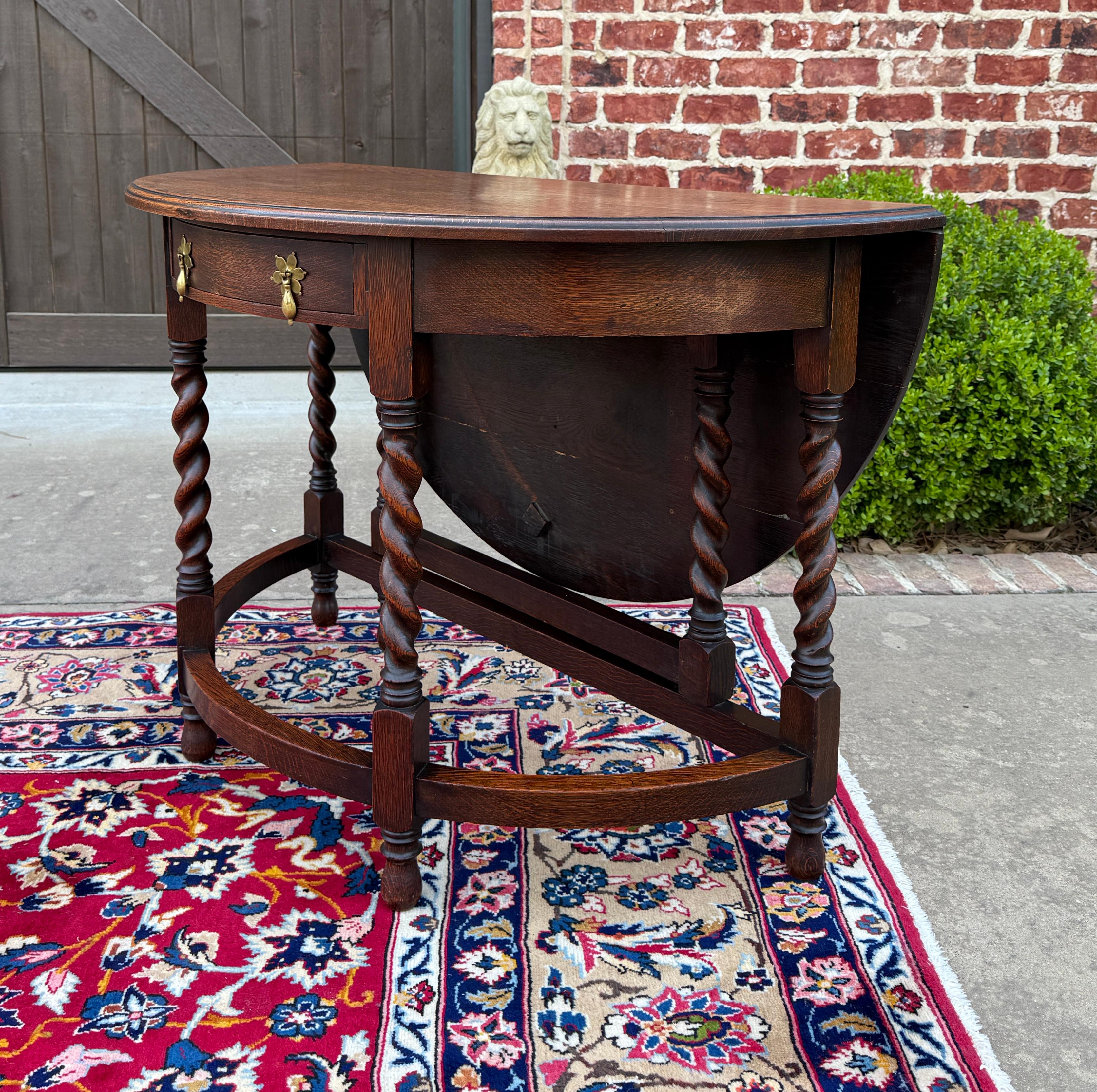 Antique English Demilune Table Drop Leaf Barley Twist w Drawer Oak ROUND 1920-30 For Sale 3