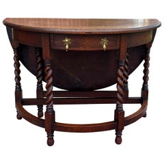 Antigua Mesa Inglesa Demilune Hoja Caída Barley Twist c Cajón Roble REDONDA 1920-30