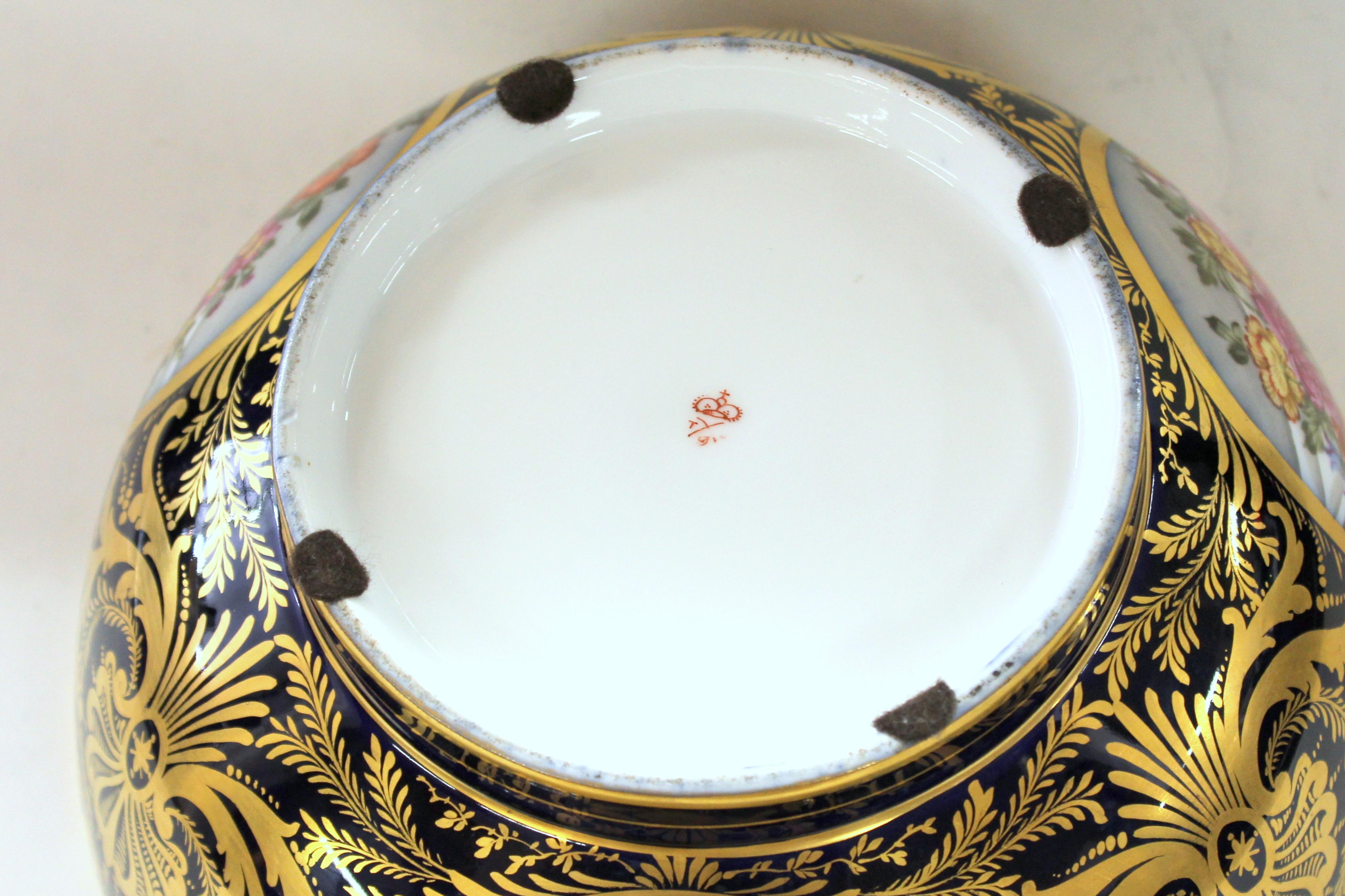 Antique English Derby Porcelain Hand-Painted Floral and Gilt Cobalt Round Bowl 4