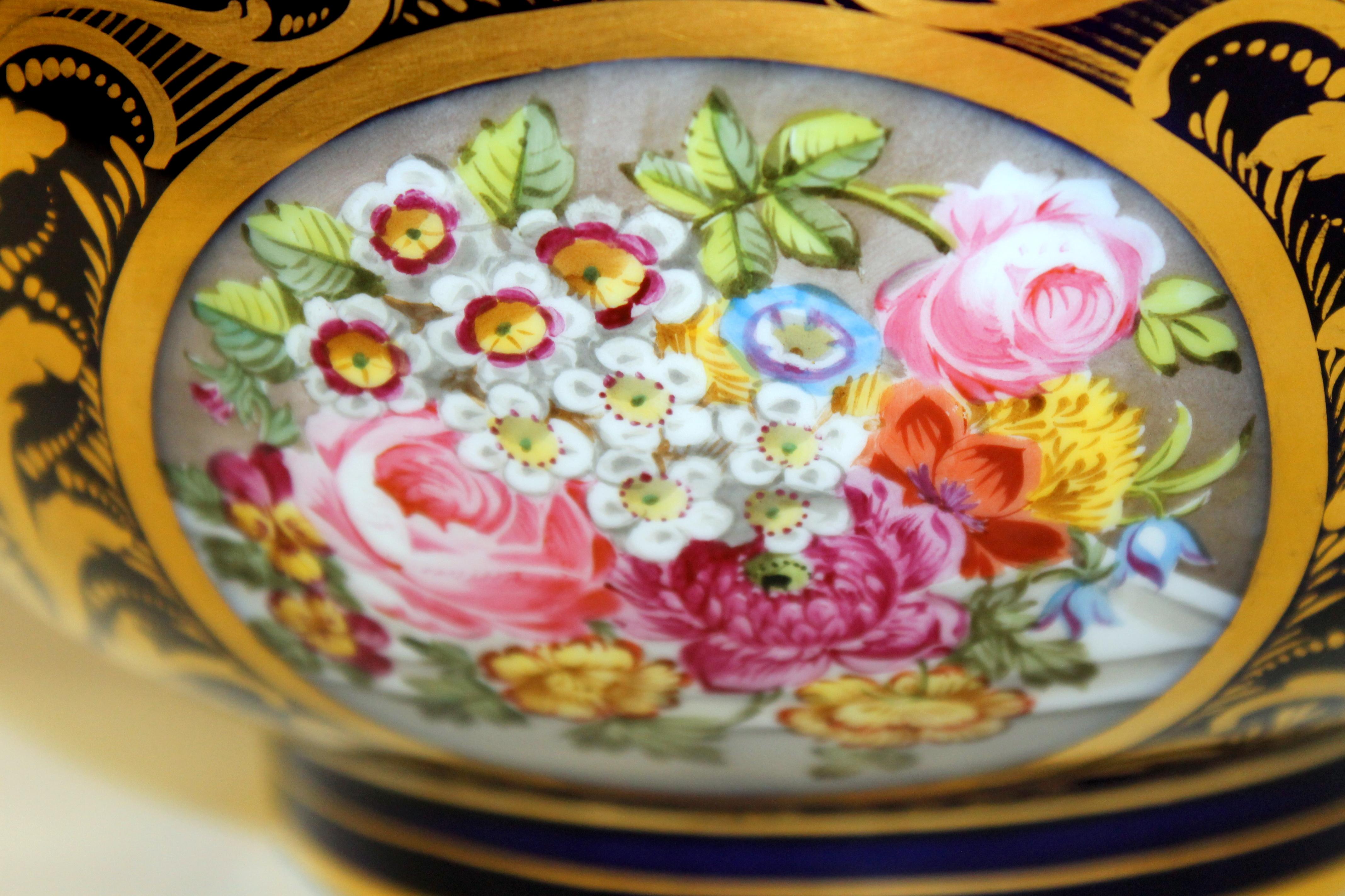 Antique English Derby Porcelain Hand-Painted Floral and Gilt Cobalt Round Bowl 11