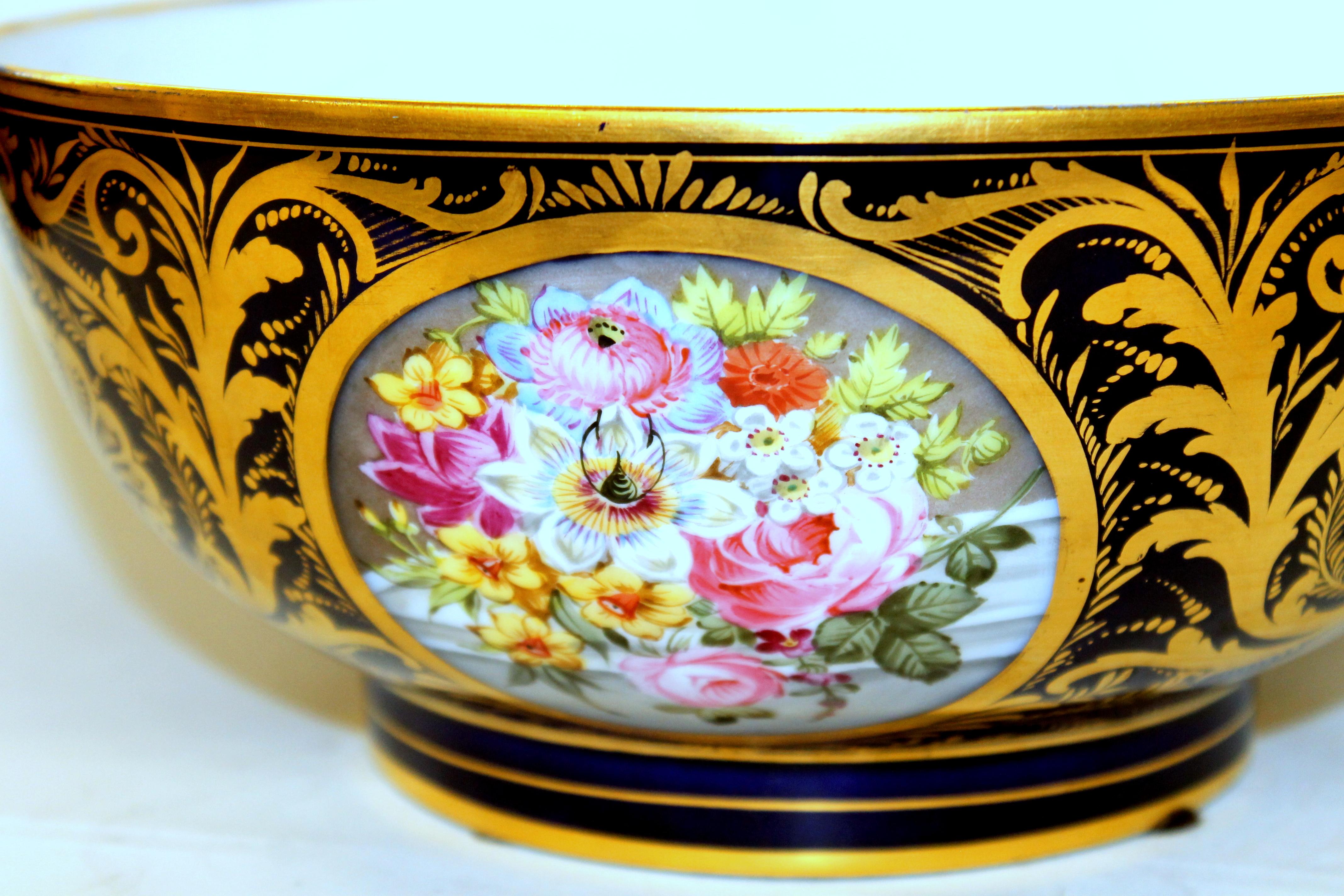 19th Century Antique English Derby Porcelain Hand-Painted Floral and Gilt Cobalt Round Bowl