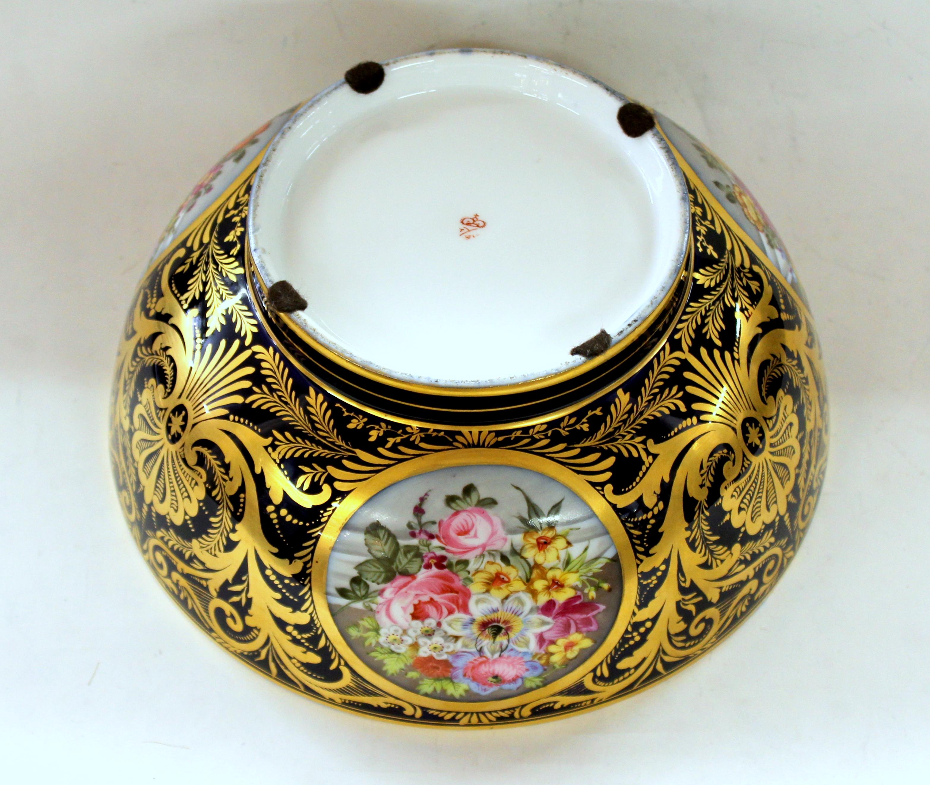 Antique English Derby Porcelain Hand-Painted Floral and Gilt Cobalt Round Bowl 2