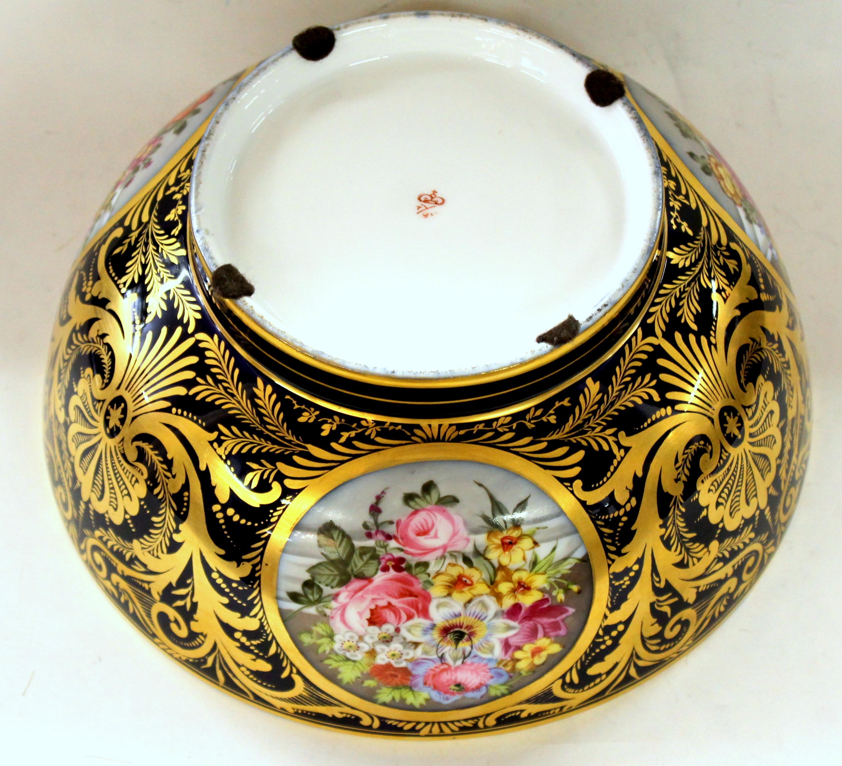 Antique English Derby Porcelain Hand-Painted Floral and Gilt Cobalt Round Bowl 3