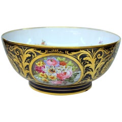 Antique English Derby Porcelain Hand-Painted Floral and Gilt Cobalt Round Bowl