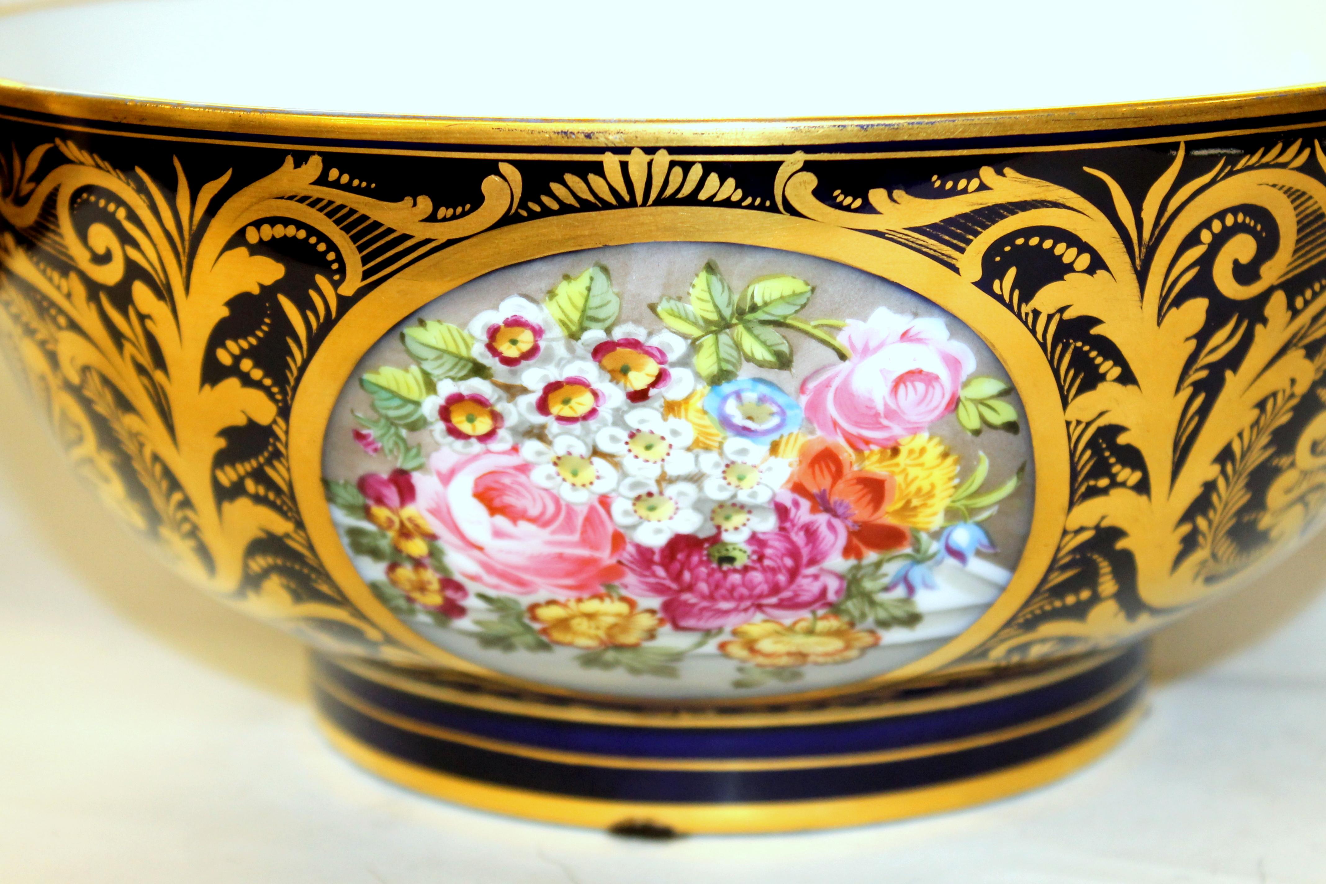 Antique English Derby Porcelain Hand Painted Floral Motif Large Round Bowl 1