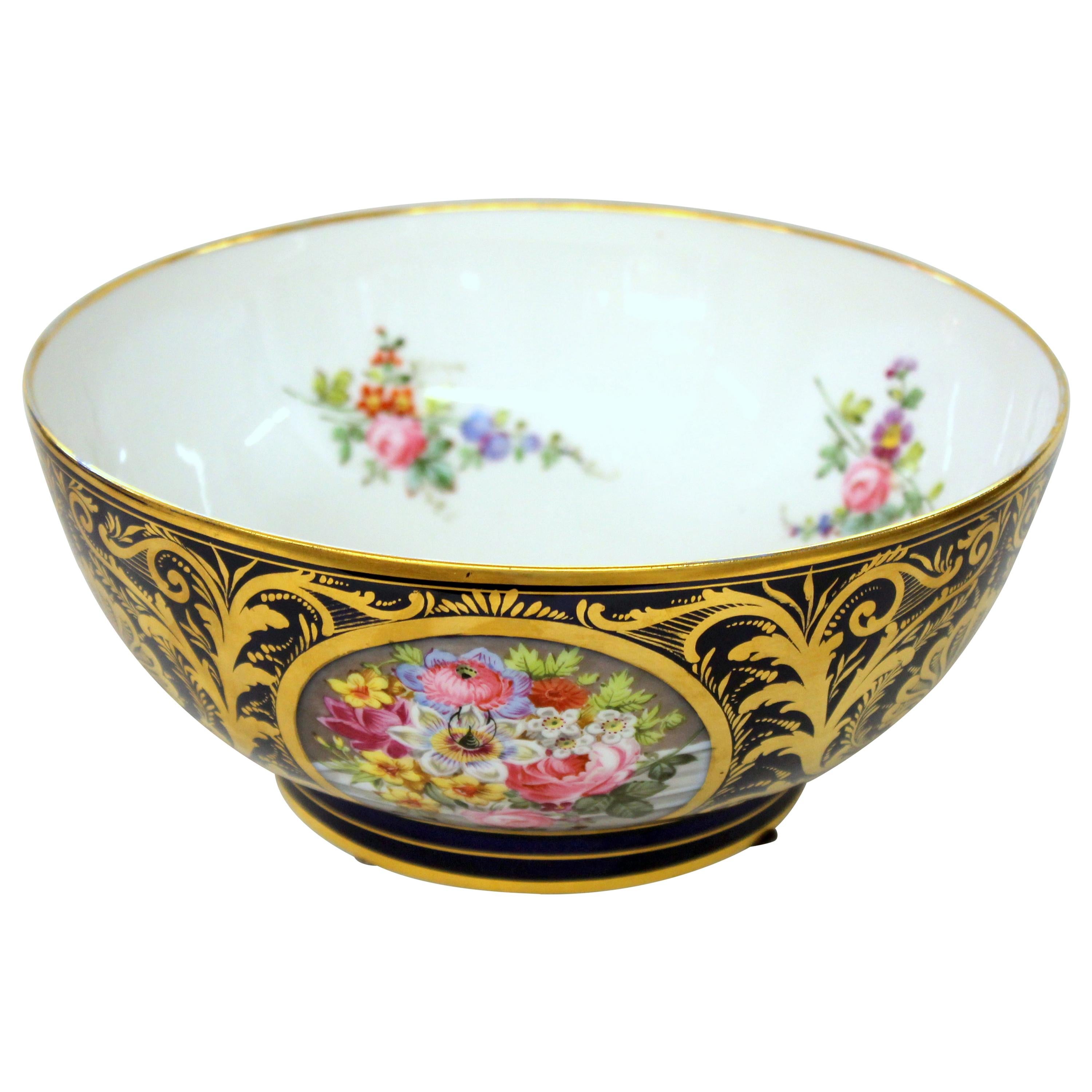 Antique English Derby Porcelain Hand Painted Floral Motif Large Round Bowl