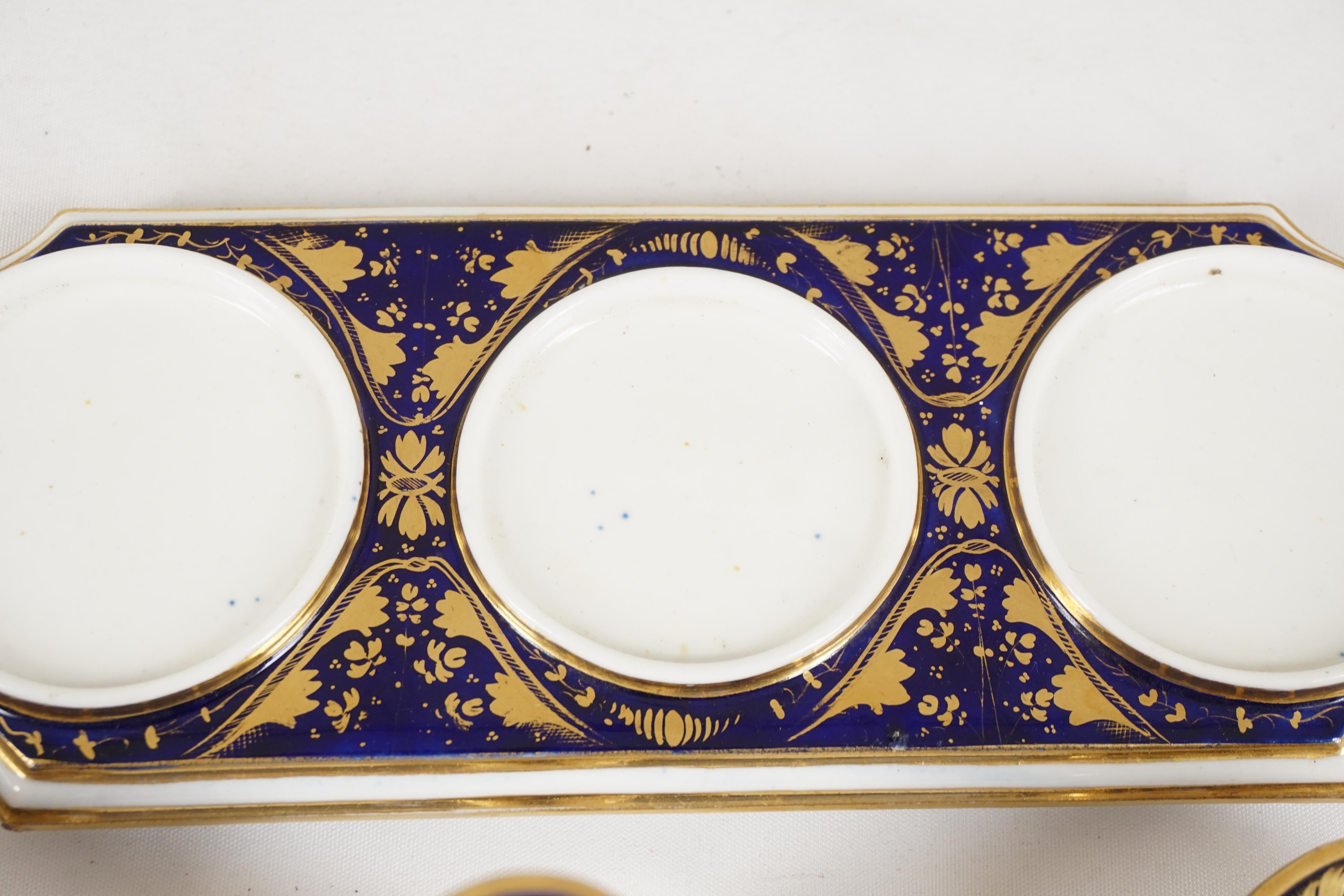 Late 19th Century Antique English Derby Porcelain Ink Stand Dish on Tray, England 1870, H563 For Sale