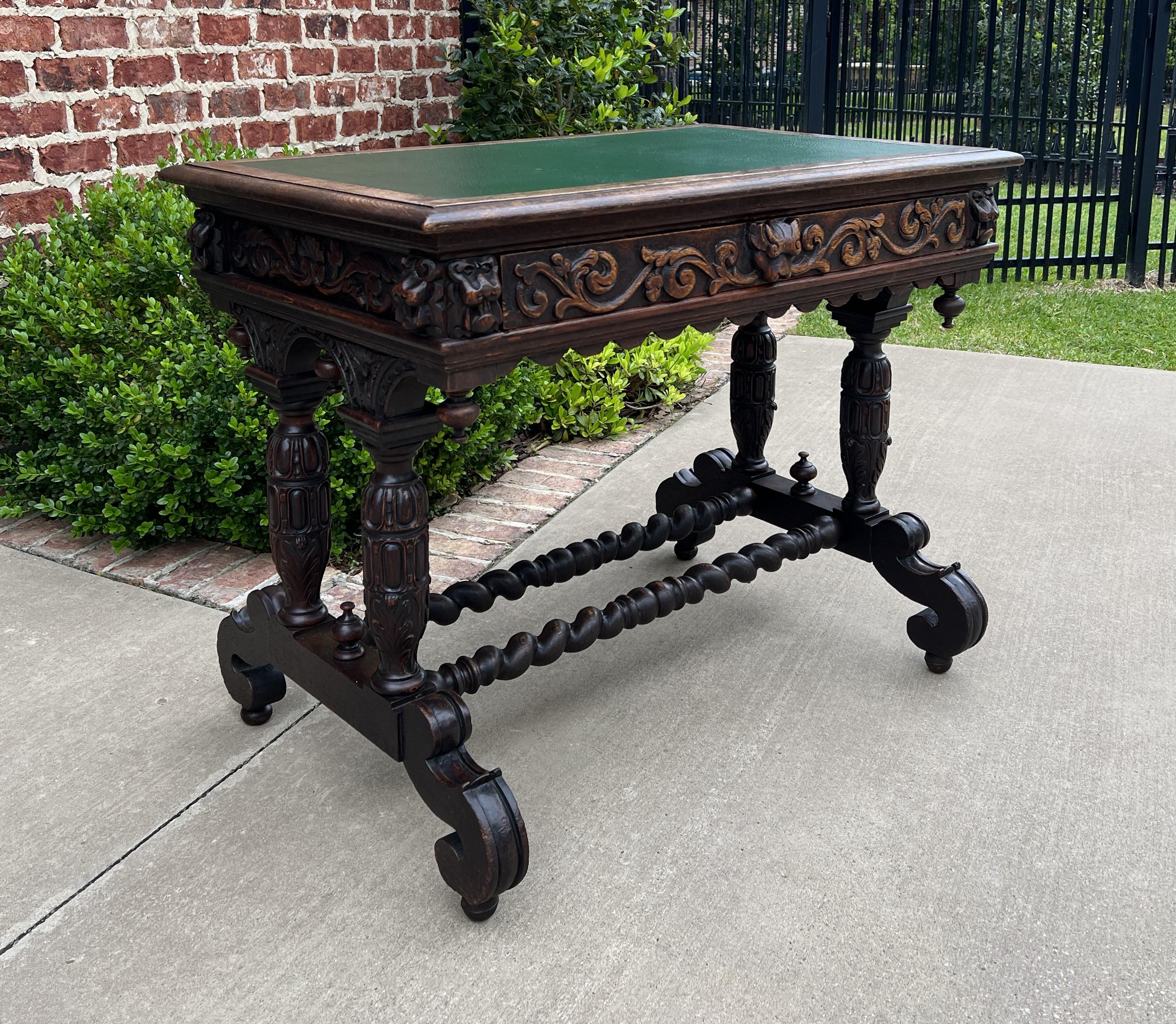 Antique English Desk Table with Drawer Oak Leather Top Barley Twist Petite For Sale 5
