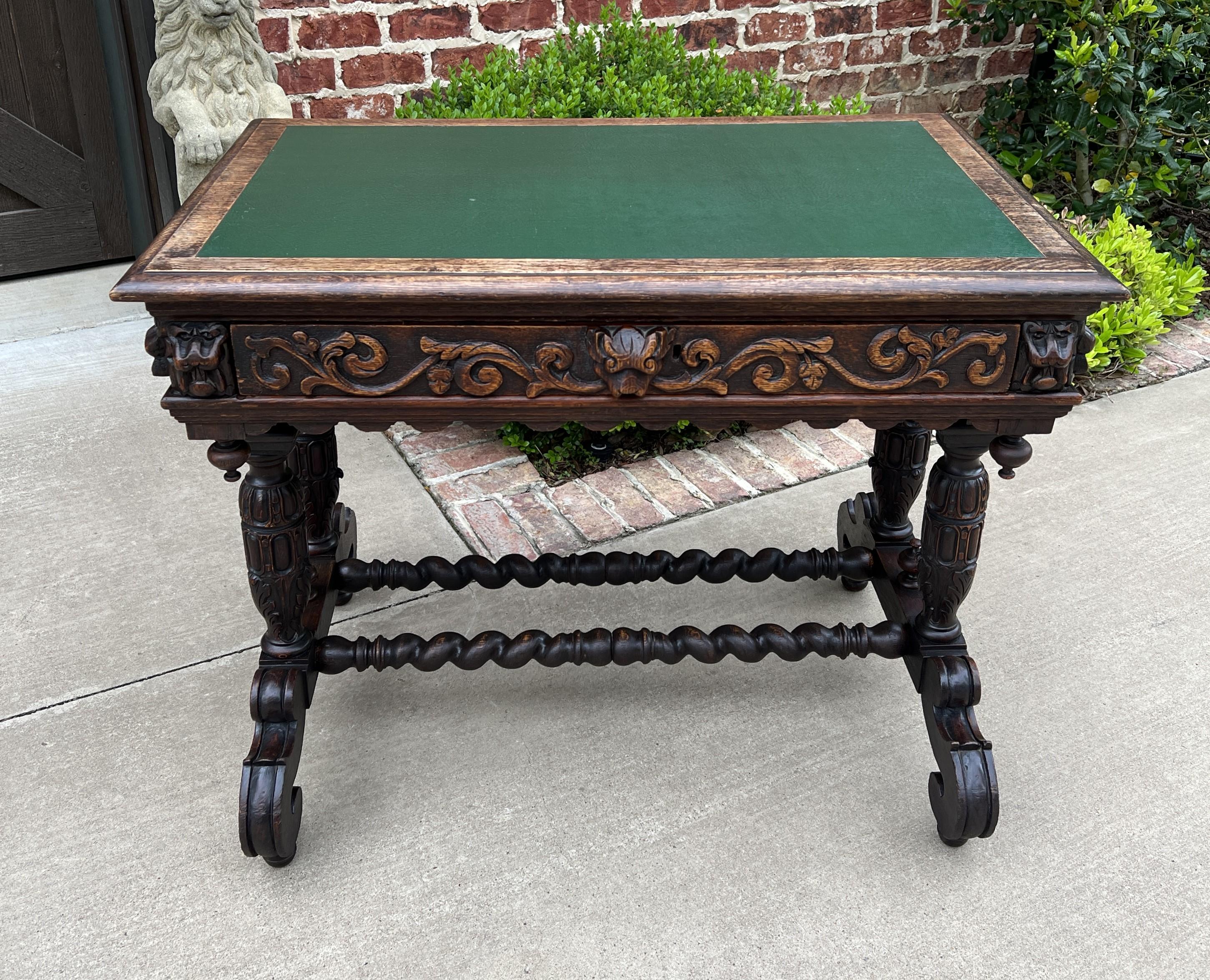 GORGEOUS Antique PETITE English carved oak desk or writing table with Drawer~~ Green Leather Top~~Double Barley Twist Stretcher~~HIGHLY CARVED.
~~circa 1880s 

With so many people working from home now, DESKS have become our most often requested