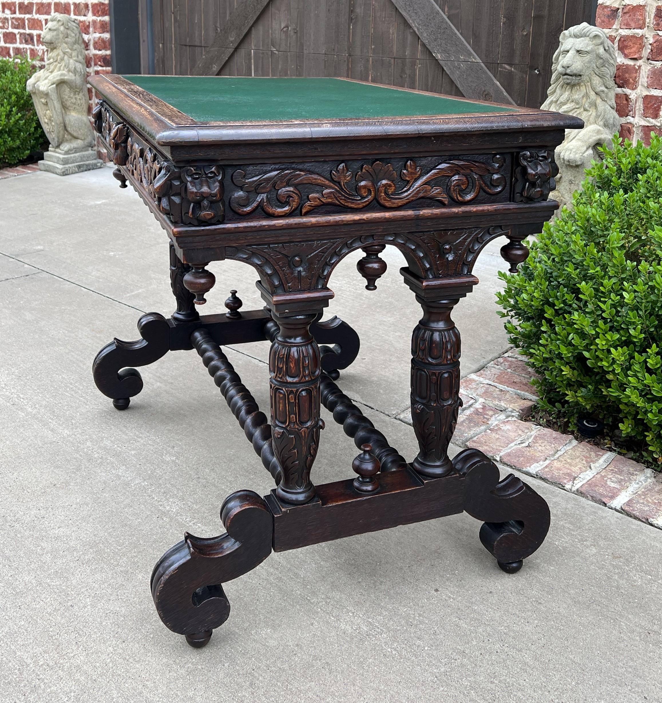 Renaissance Revival Antique English Desk Table with Drawer Oak Leather Top Barley Twist Petite For Sale