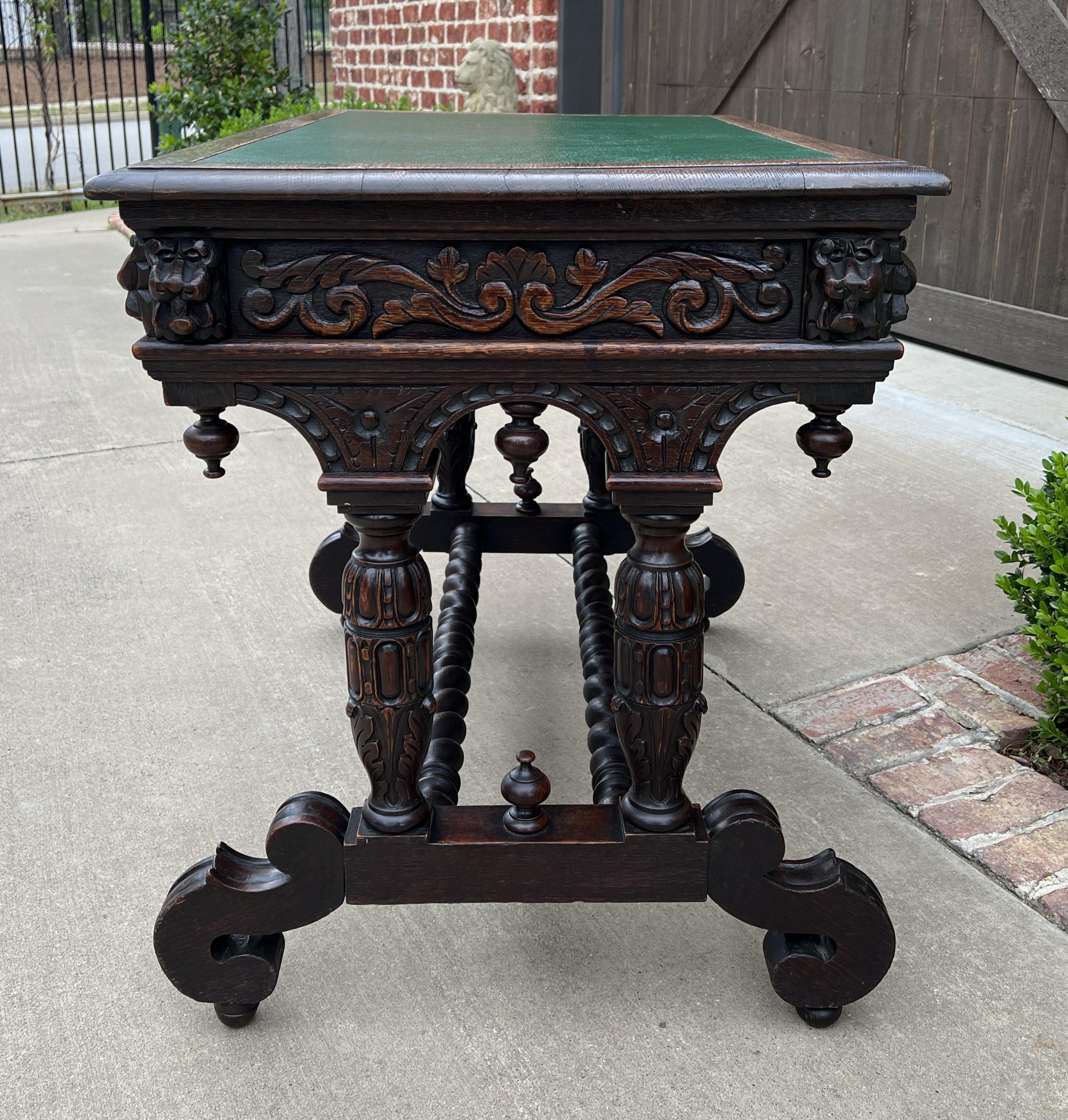 French Antique English Desk Table with Drawer Oak Leather Top Barley Twist Petite For Sale