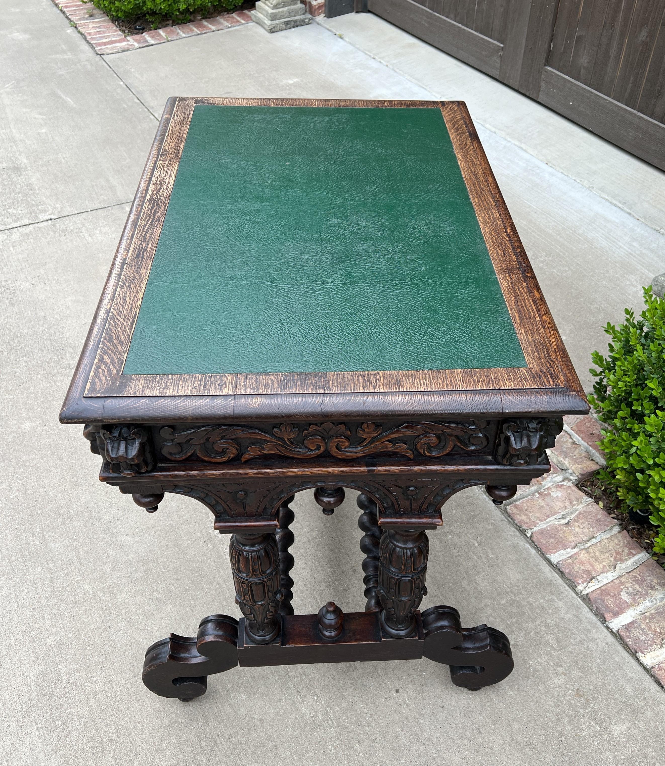 Carved Antique English Desk Table with Drawer Oak Leather Top Barley Twist Petite For Sale
