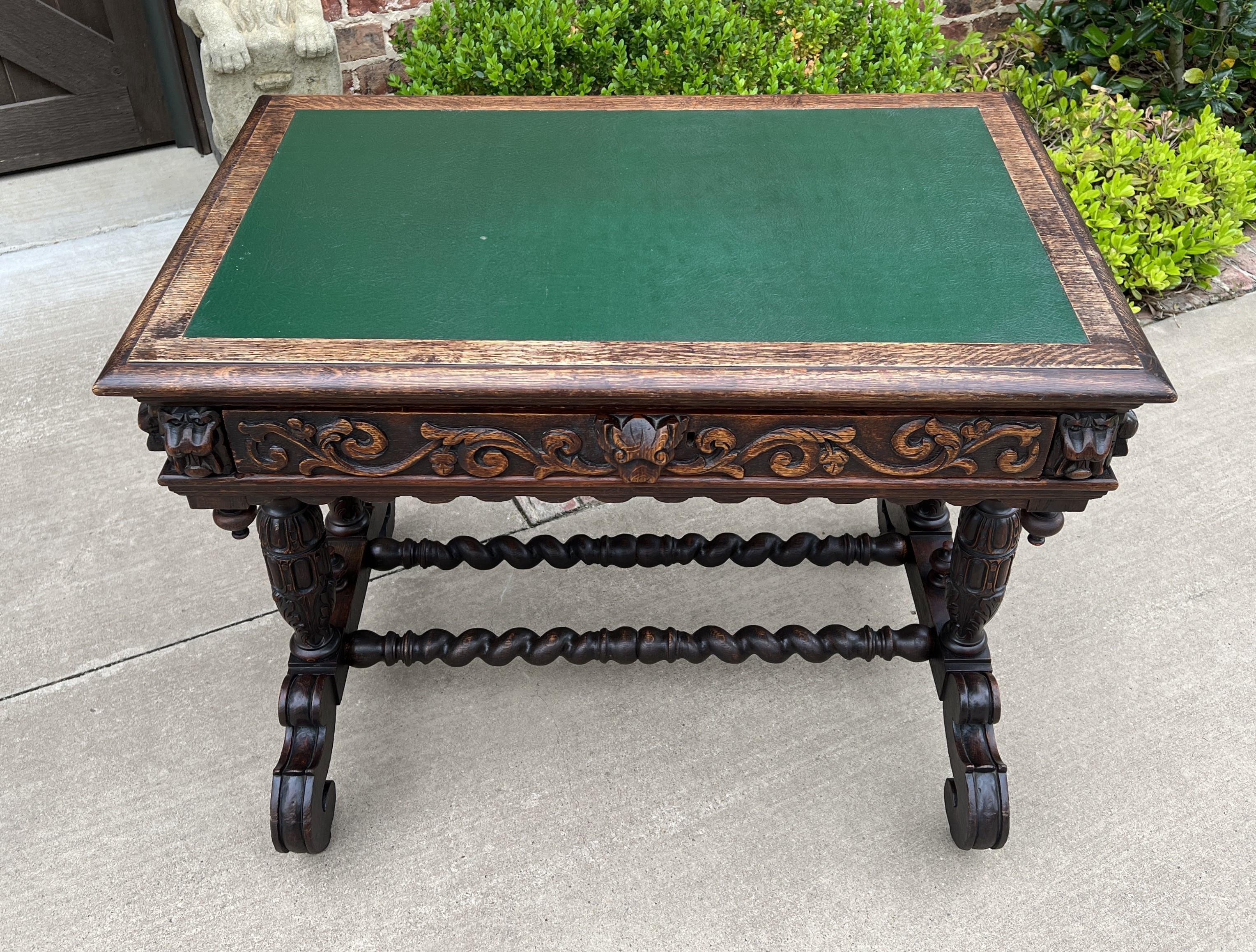Antique English Desk Table with Drawer Oak Leather Top Barley Twist Petite In Good Condition For Sale In Tyler, TX