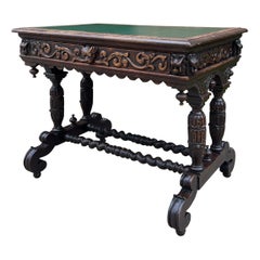 Antique English Desk Table with Drawer Oak Leather Top Barley Twist Petite