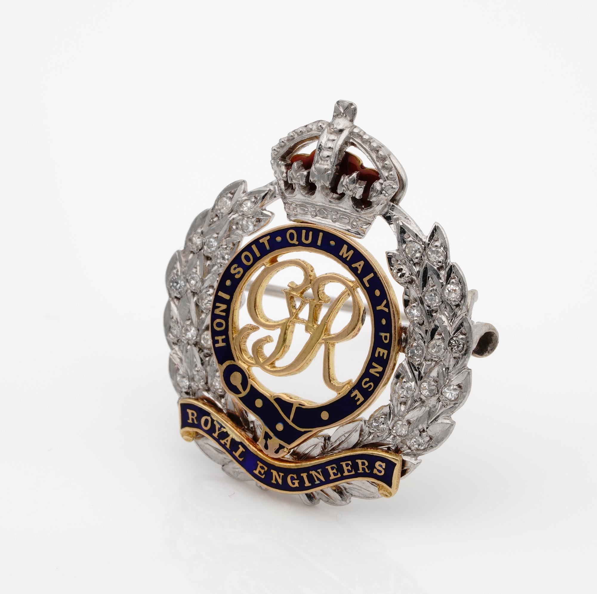Art Deco Antique English Diamond Royal Engineers Badge Brooch Platinum 18 Kt gold For Sale