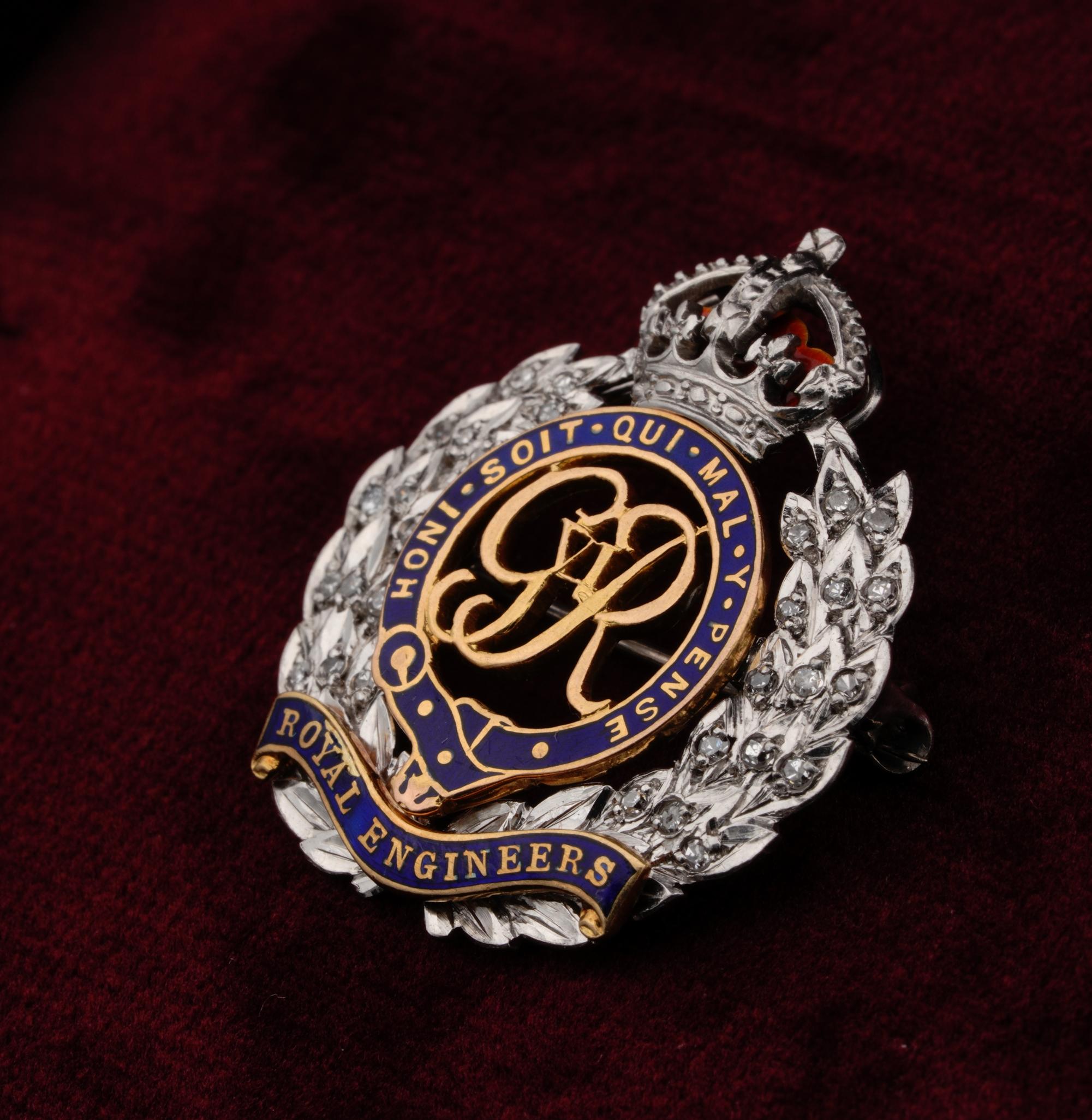 Round Cut Antique English Diamond Royal Engineers Badge Brooch Platinum 18 Kt gold For Sale