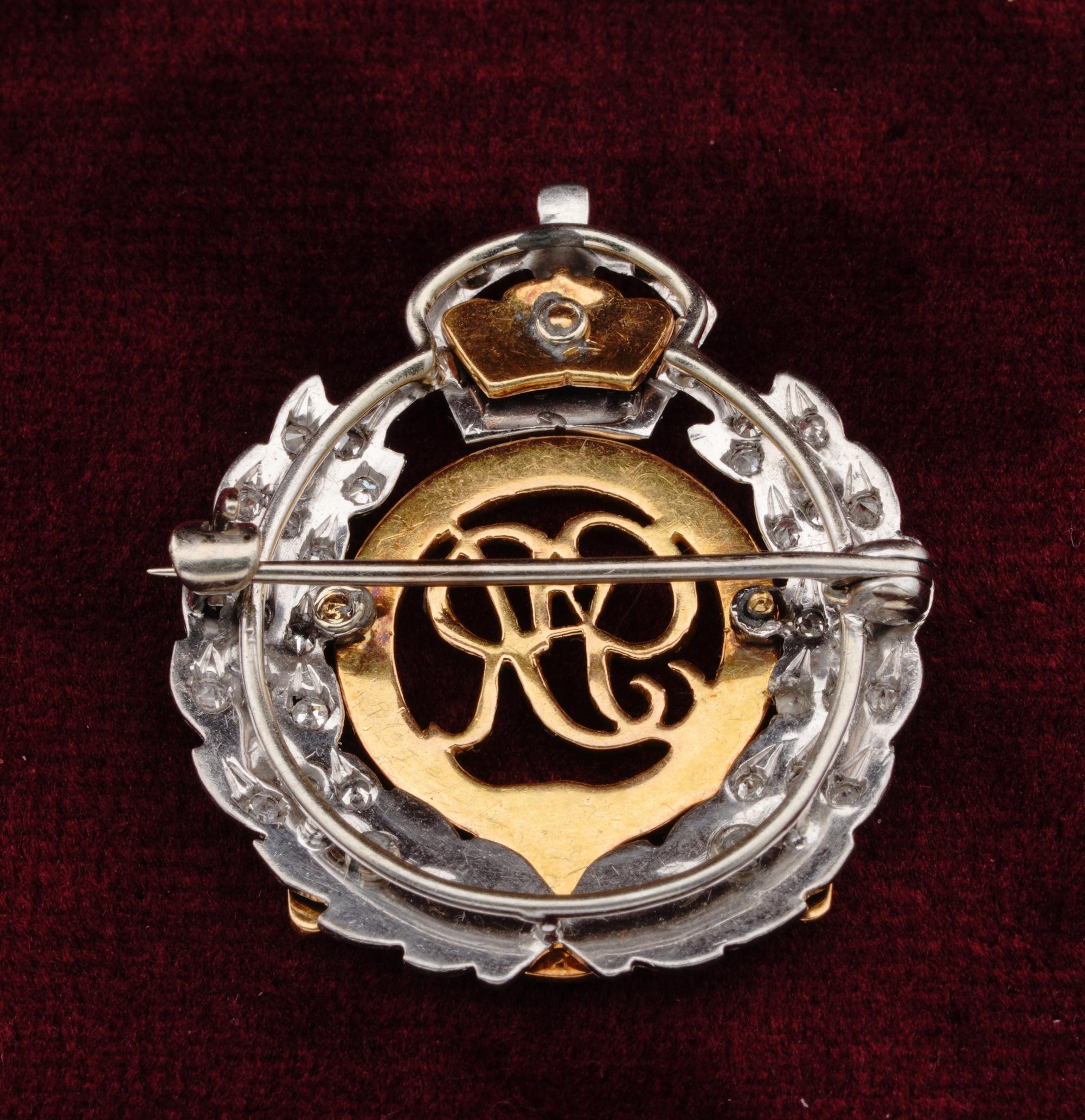 Antique English Diamond Royal Engineers Badge Brooch Platinum 18 Kt gold In Good Condition For Sale In Napoli, IT