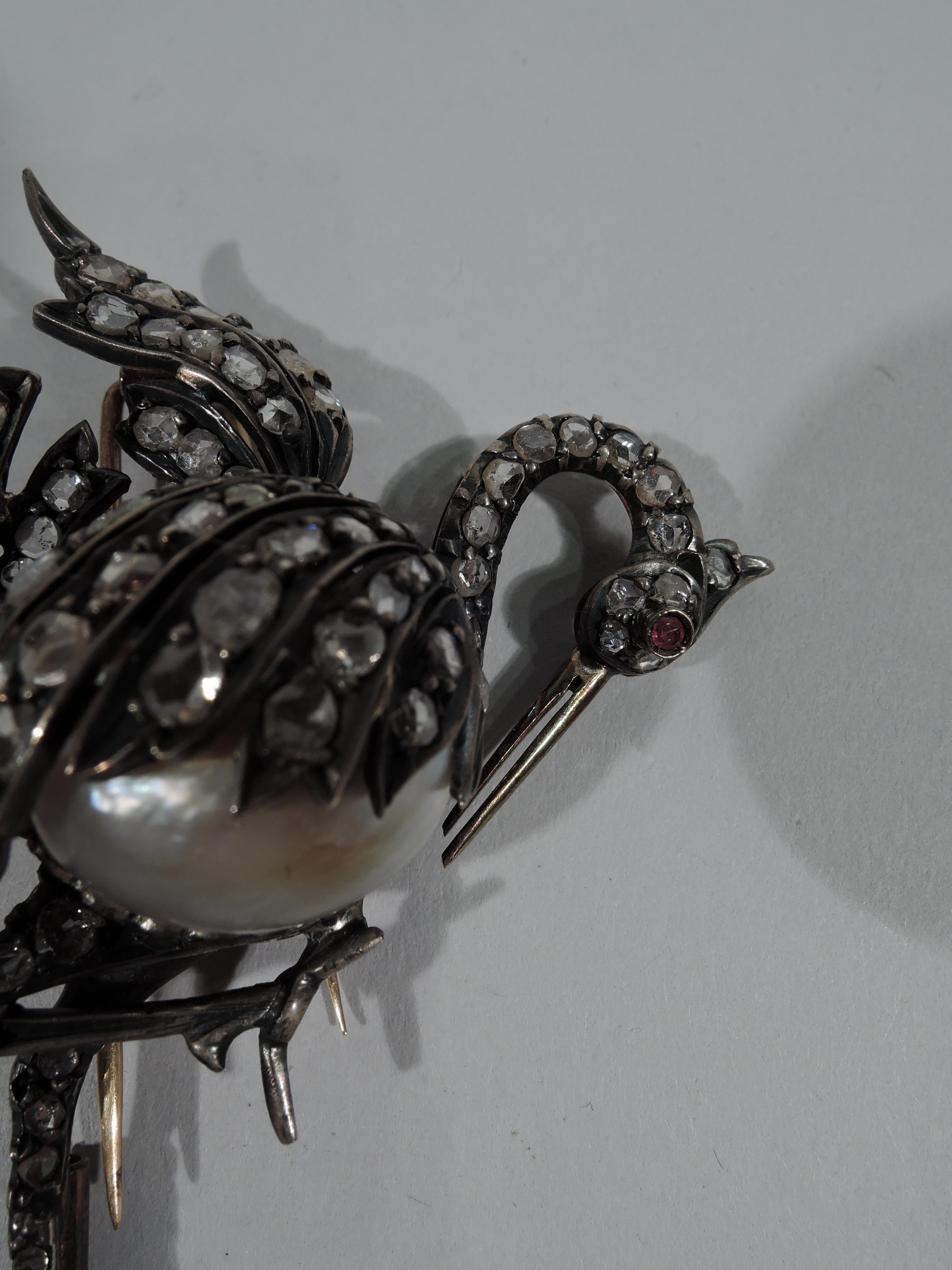 Victorian Antique English Diamond Stork Brooch with Natural Baroque Pearl