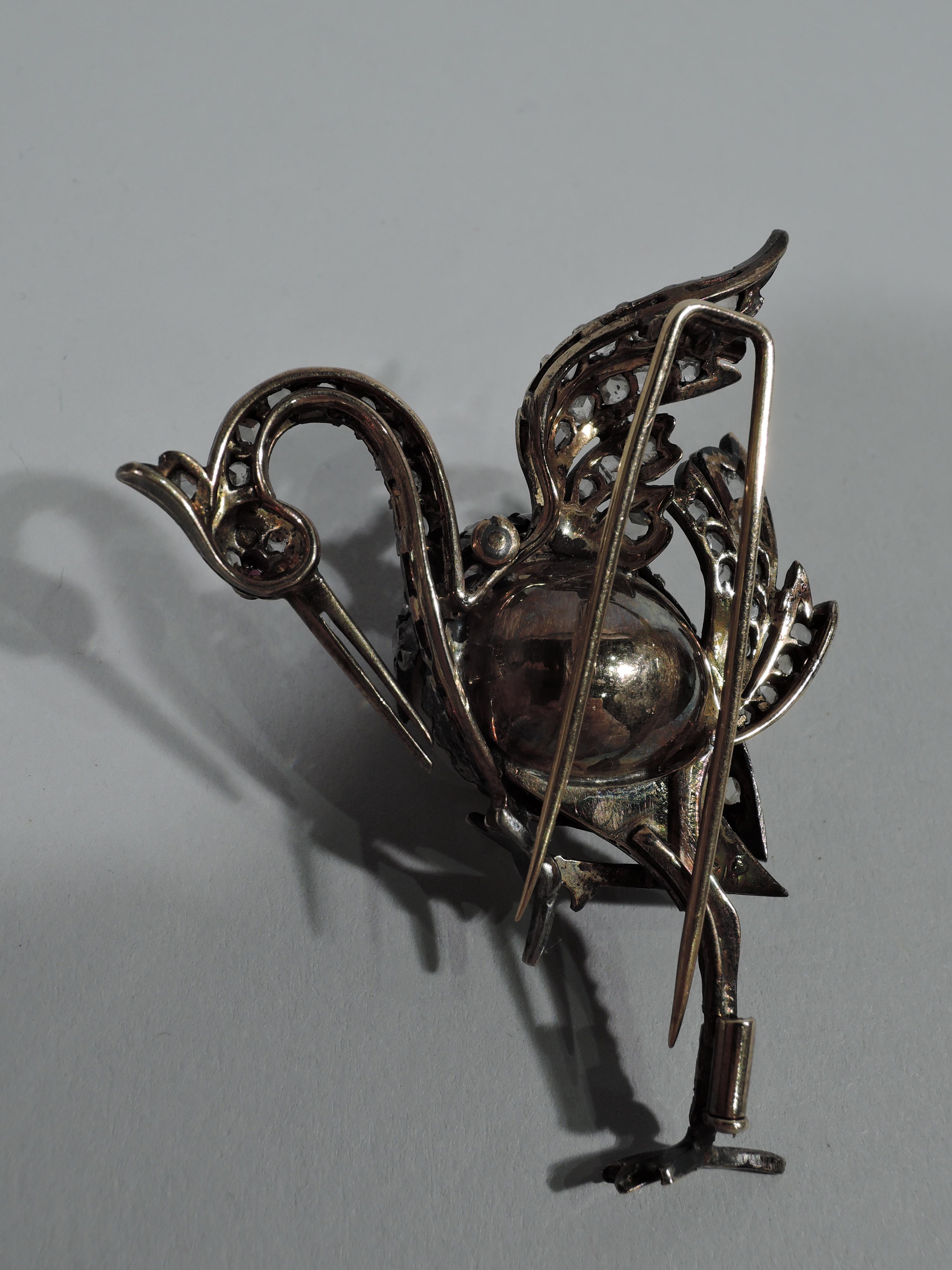 Rose Cut Antique English Diamond Stork Brooch with Natural Baroque Pearl