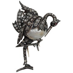 Antique English Diamond Stork Brooch with Natural Baroque Pearl