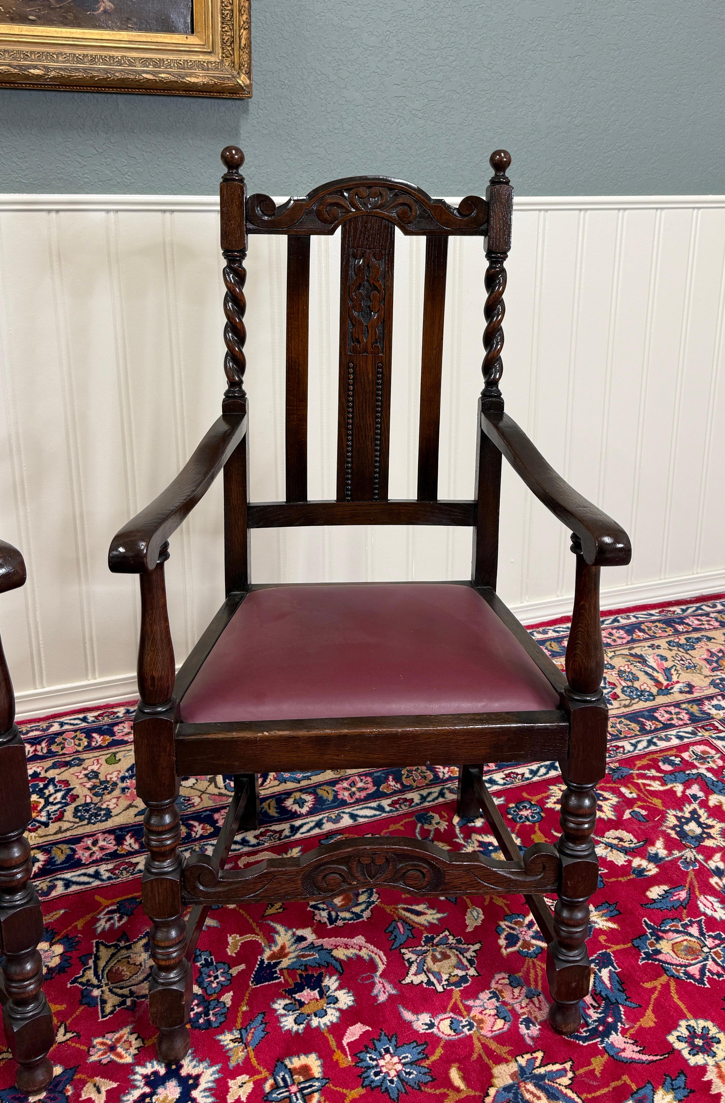 Sedie da pranzo inglesi antiche (6) in pelle borgogna Barley Twist Oak c. 1930 in vendita 6
