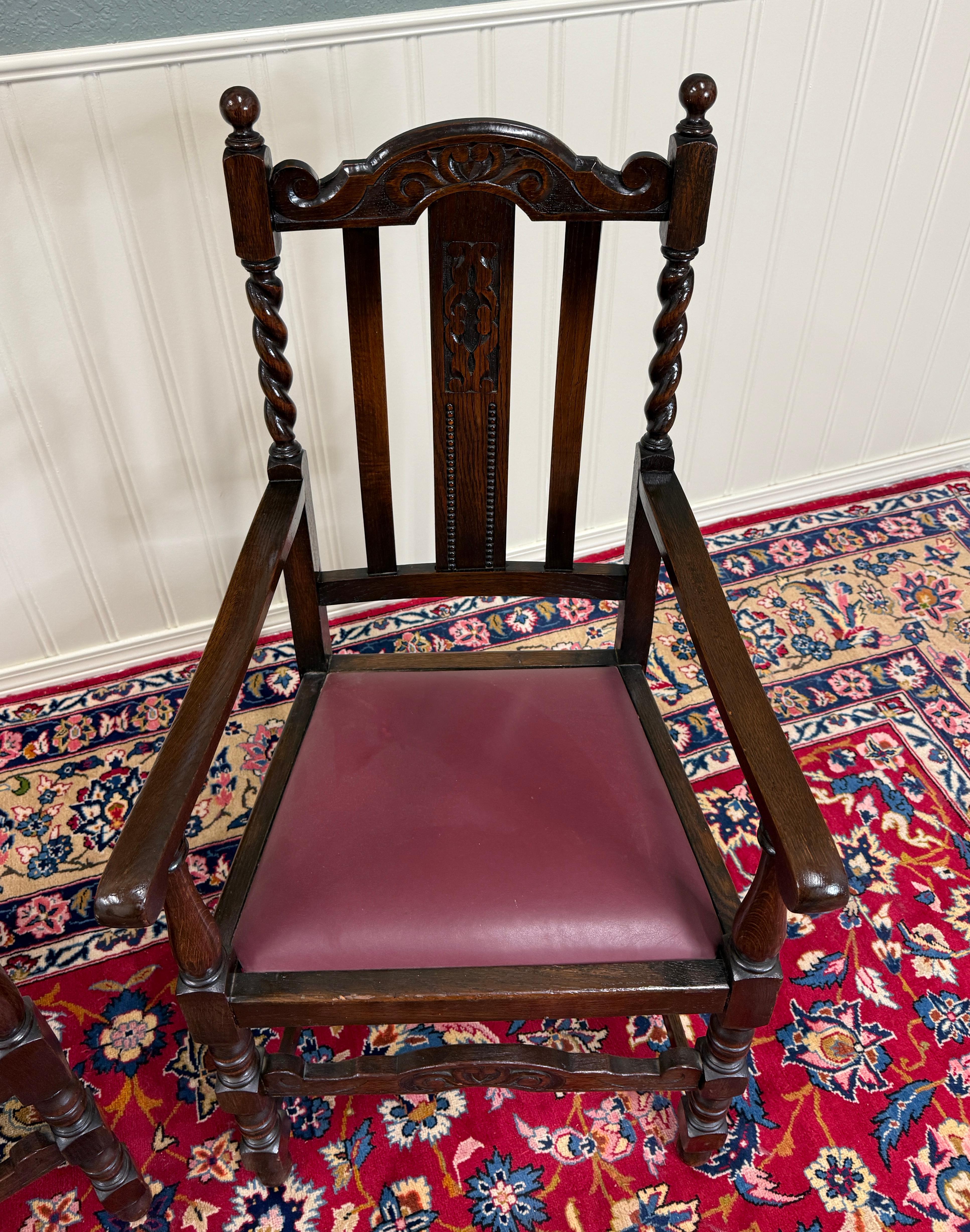 Sedie da pranzo inglesi antiche (6) in pelle borgogna Barley Twist Oak c. 1930 in vendita 10