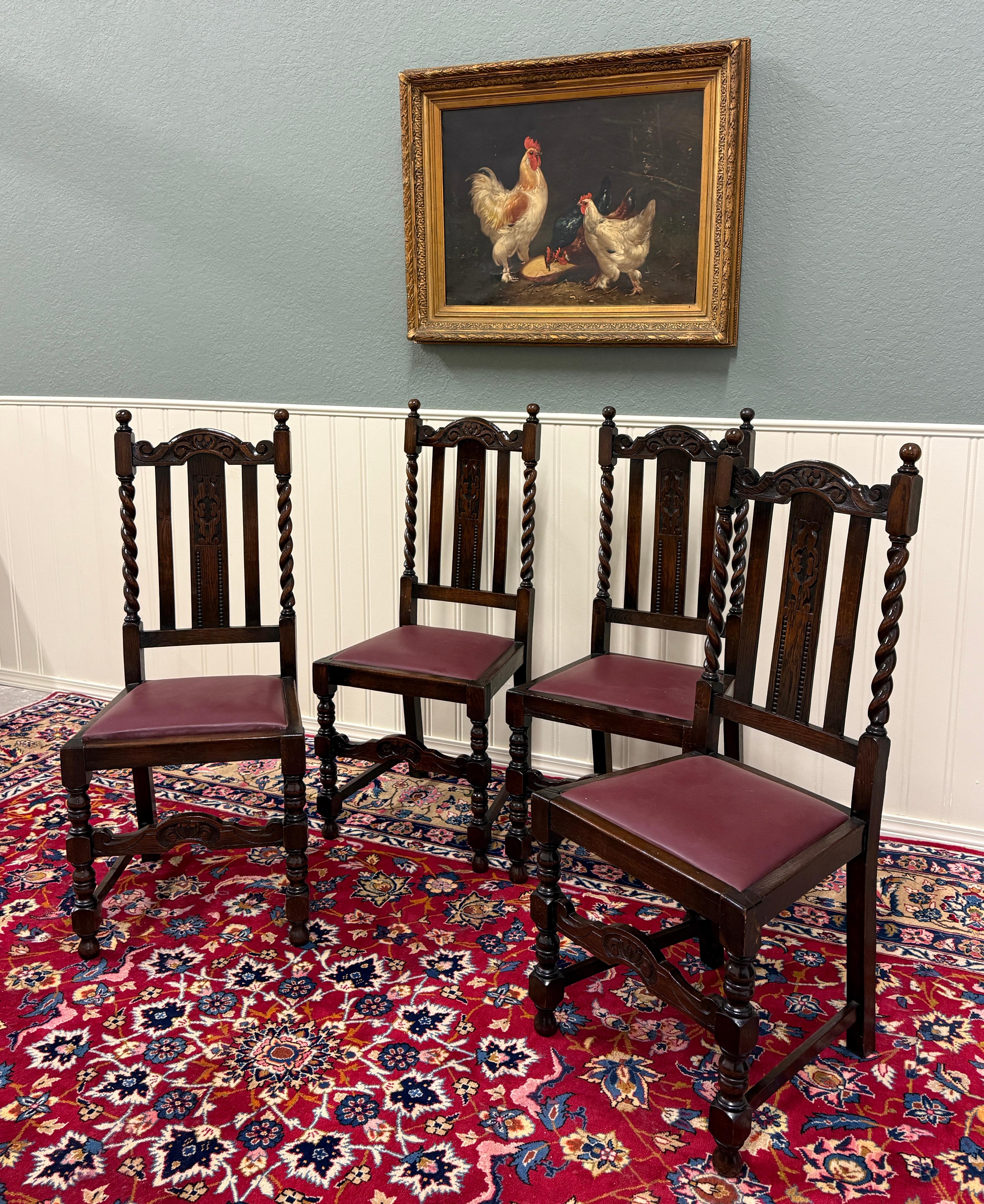 Metà XX secolo Sedie da pranzo inglesi antiche (6) in pelle borgogna Barley Twist Oak c. 1930 in vendita