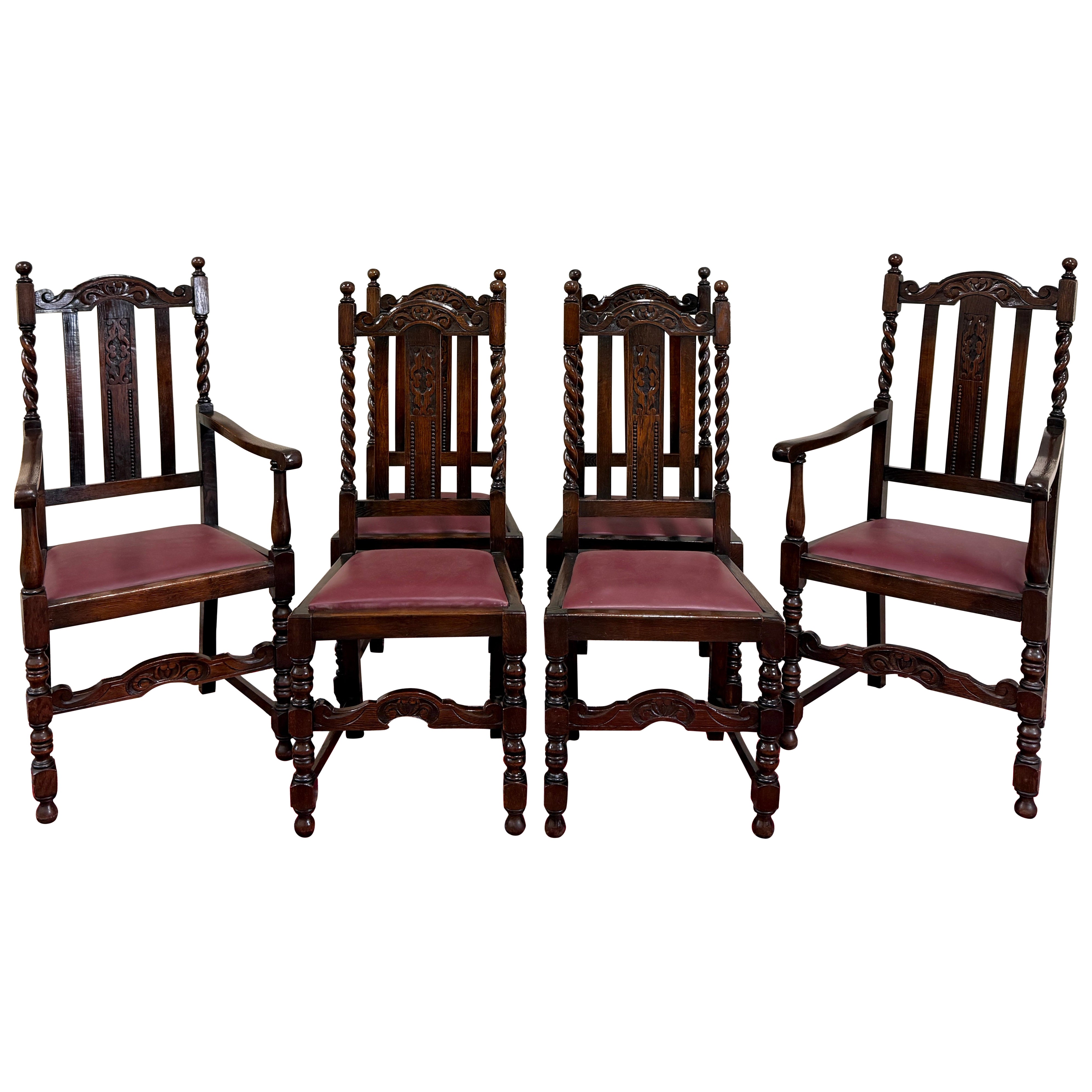 Sedie da pranzo inglesi antiche (6) in pelle borgogna Barley Twist Oak c. 1930 in vendita