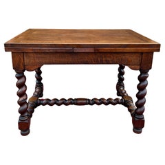 Antique English Dining Table Breakfast or Game Table Barley Twist Draw Leaf Oak