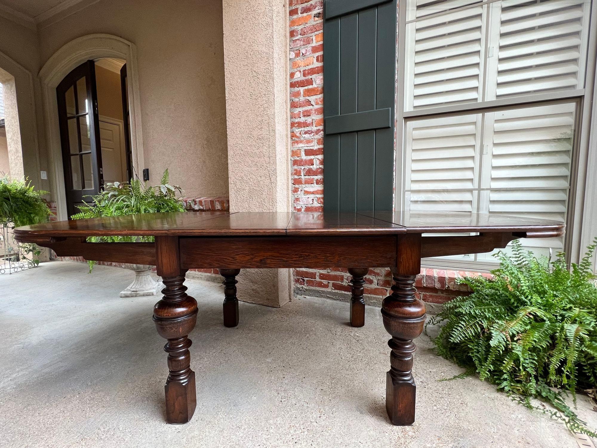 Antique English Dining Table Draw Leaf Tudor Carved Tiger Oak Large Game Kitchen In Good Condition In Shreveport, LA