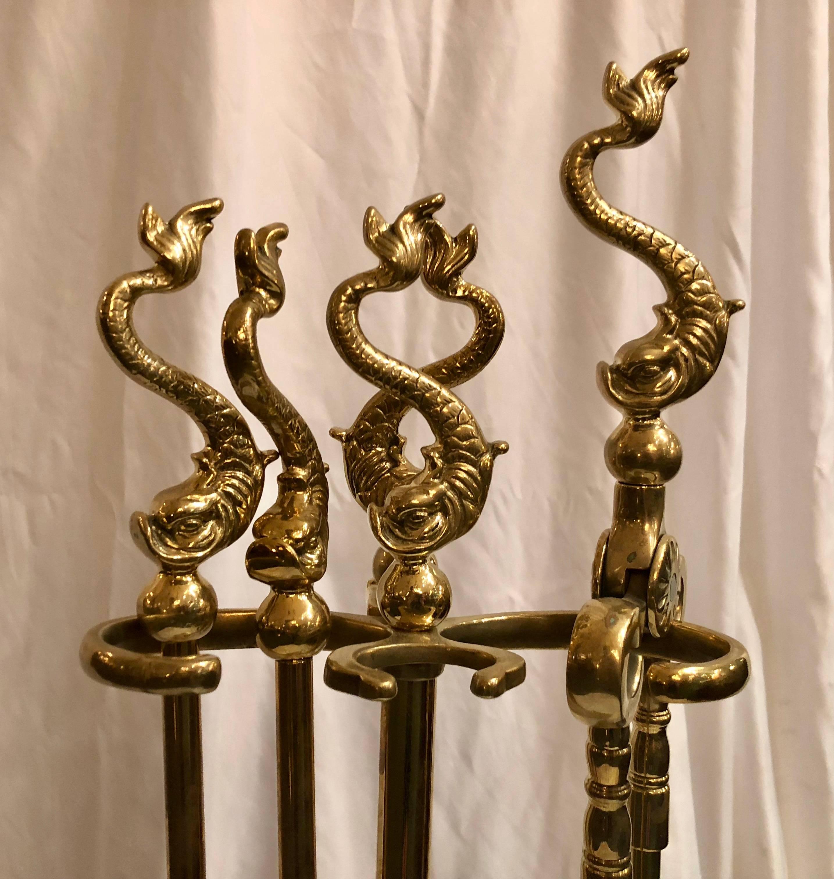 Antique English Dolphin Brass Tool Set in Stand In Excellent Condition In New Orleans, LA