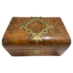 Antique English Dome Top Burl Wood Box with Ornate Brass Hardware and Decor