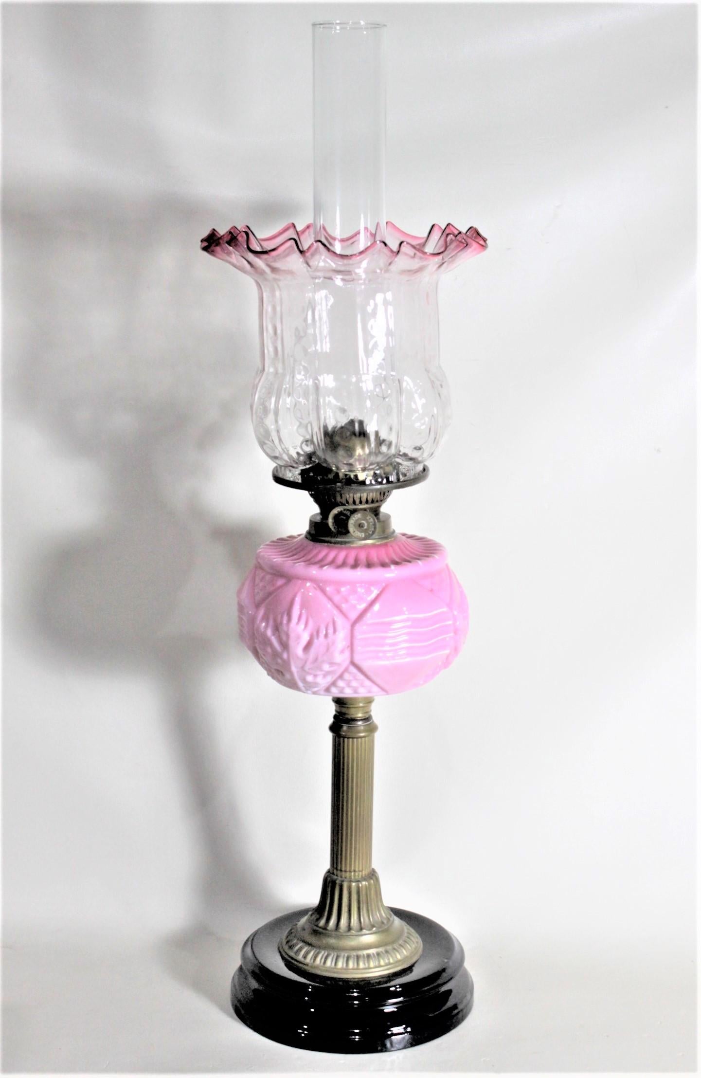 High Victorian Antique English Double Burner Parlor Oil Lamp with Cranberry Art Glass Accents