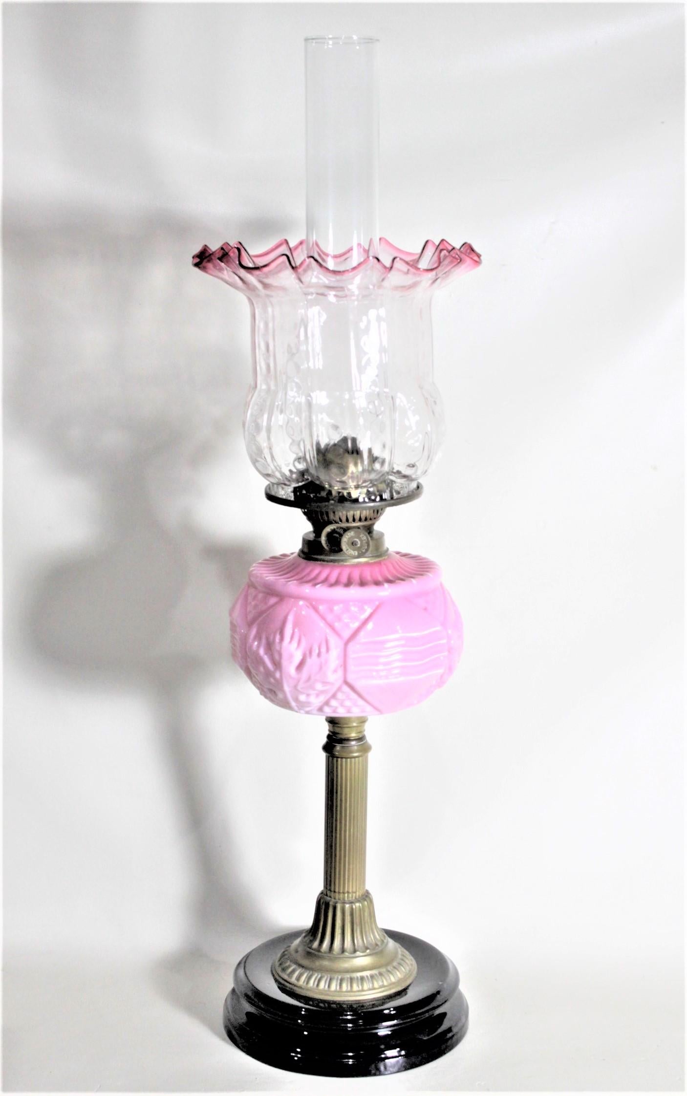 Hand-Crafted Antique English Double Burner Parlor Oil Lamp with Cranberry Art Glass Accents
