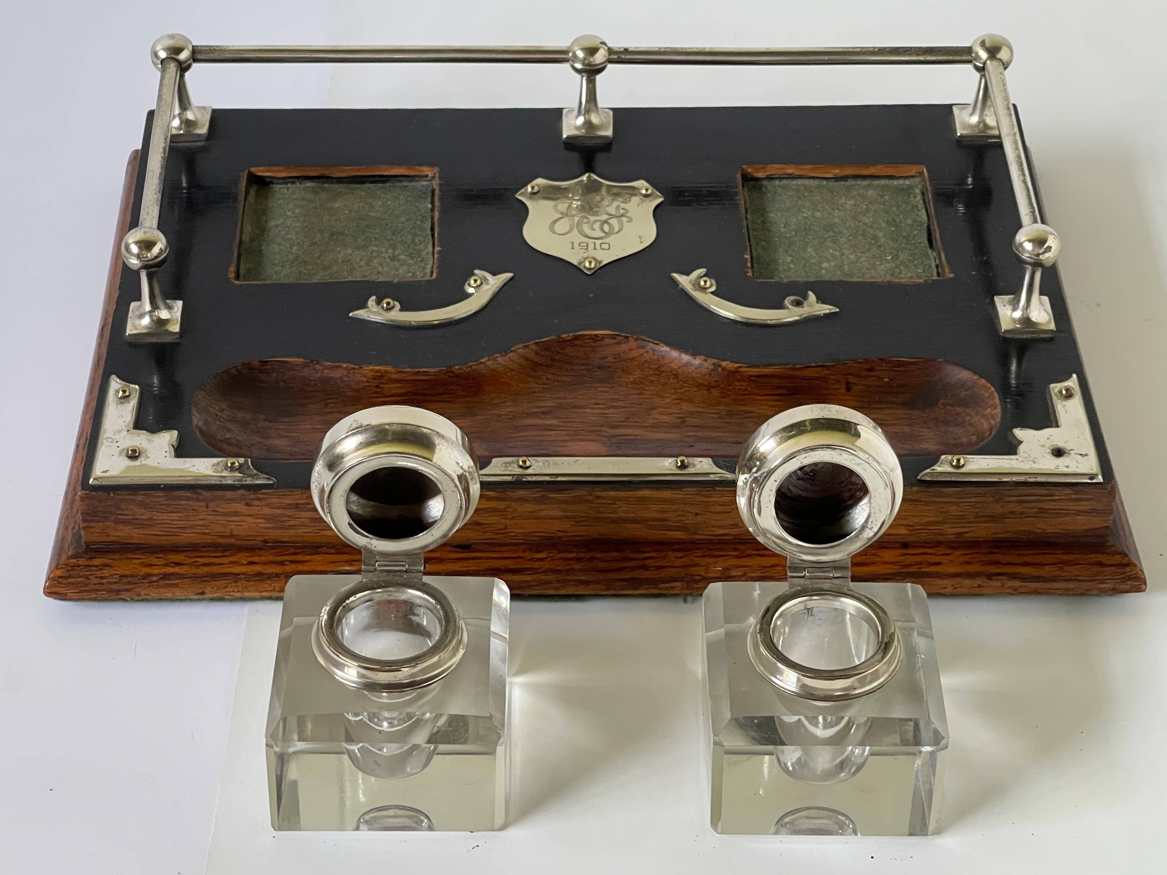 Early 20th Century Antique English Double Inkwell Desk Set