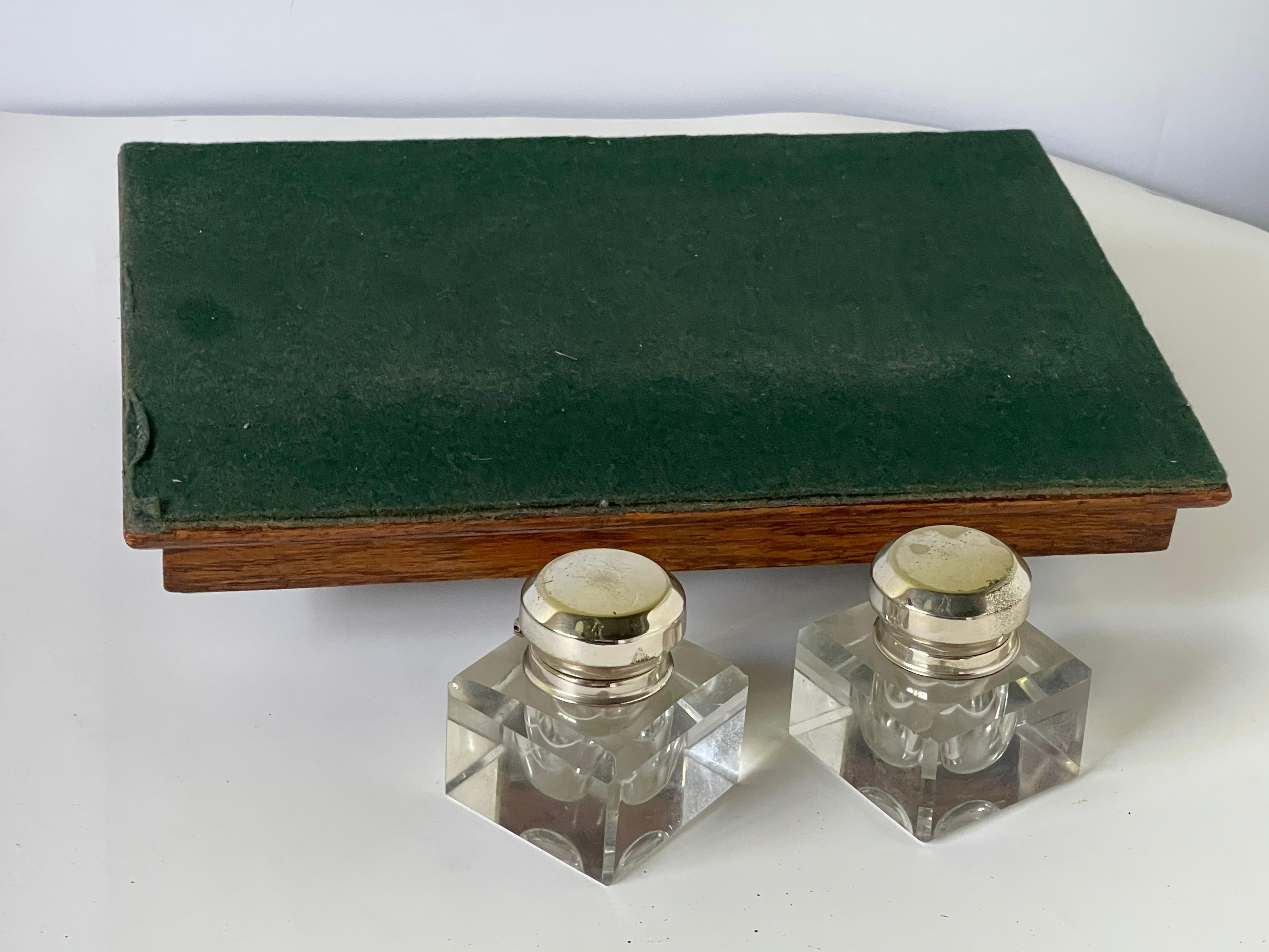 Metal Antique English Double Inkwell Desk Set