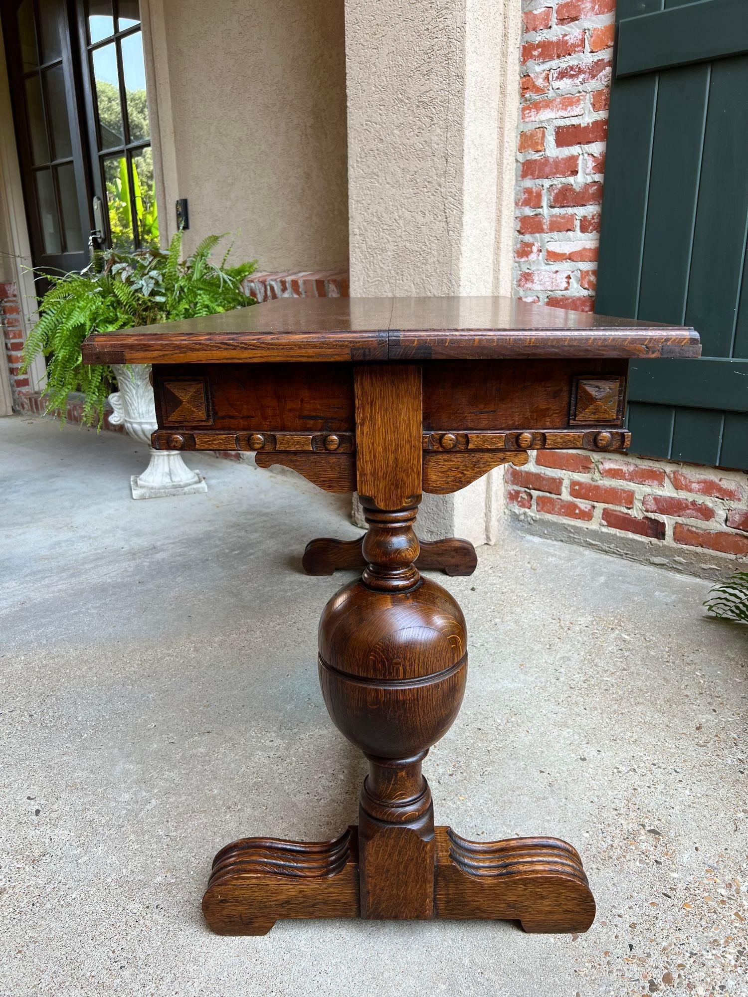 Early 20th Century Antique English Draw Leaf Dining Library Kitchen Table Tiger Oak Trestle Base