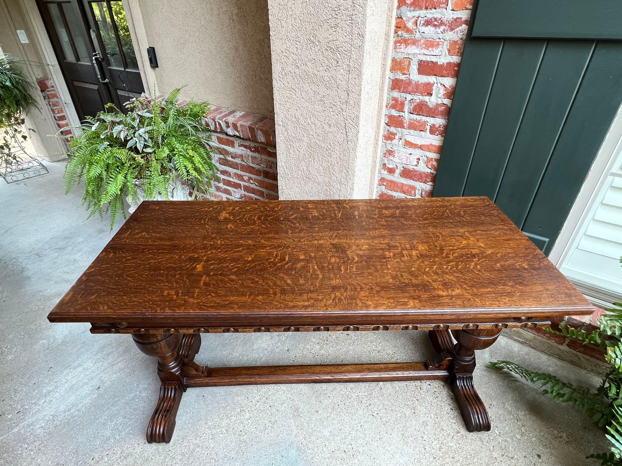 Antique English Draw Leaf Dining Library Kitchen Table Tiger Oak Trestle Base 6