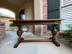 Antique English Draw Leaf Dining Library Kitchen Table Tiger Oak Trestle Base