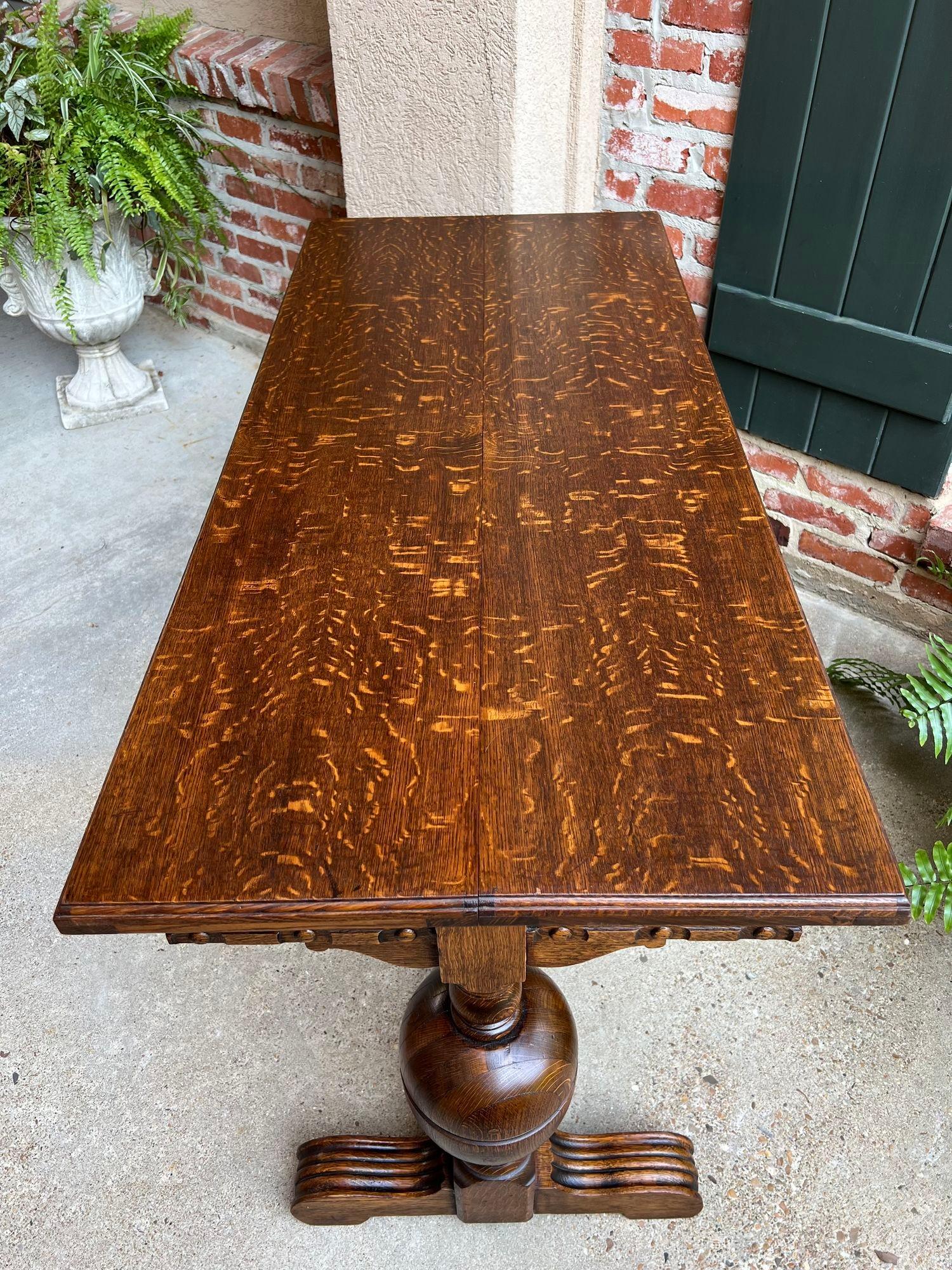Antique English Draw Leaf Dining Library Kitchen Table Tiger Oak Trestle Base In Good Condition In Shreveport, LA