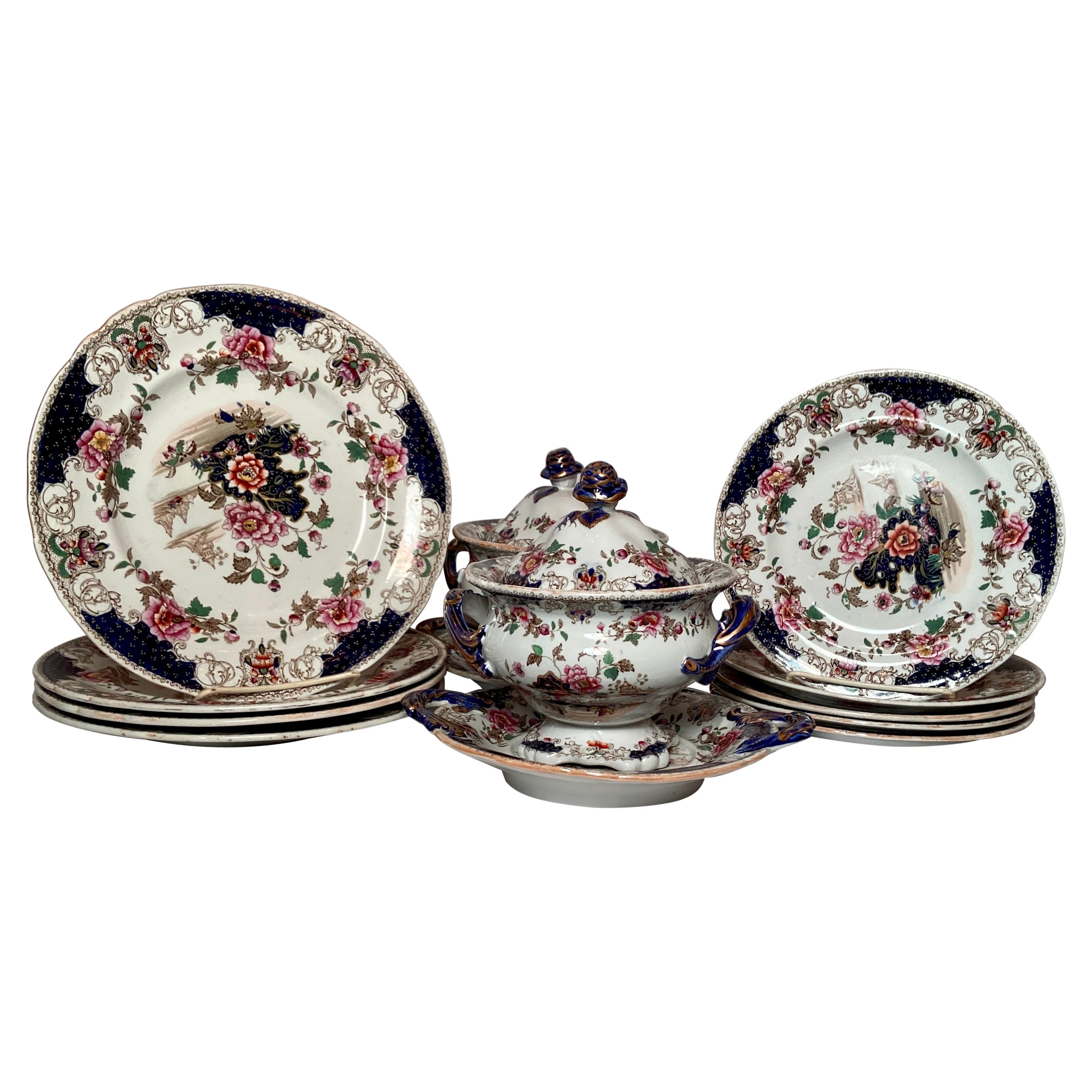 Antique English Dresden Pattern Ironstone Dinner Set, Circa 1870-1880