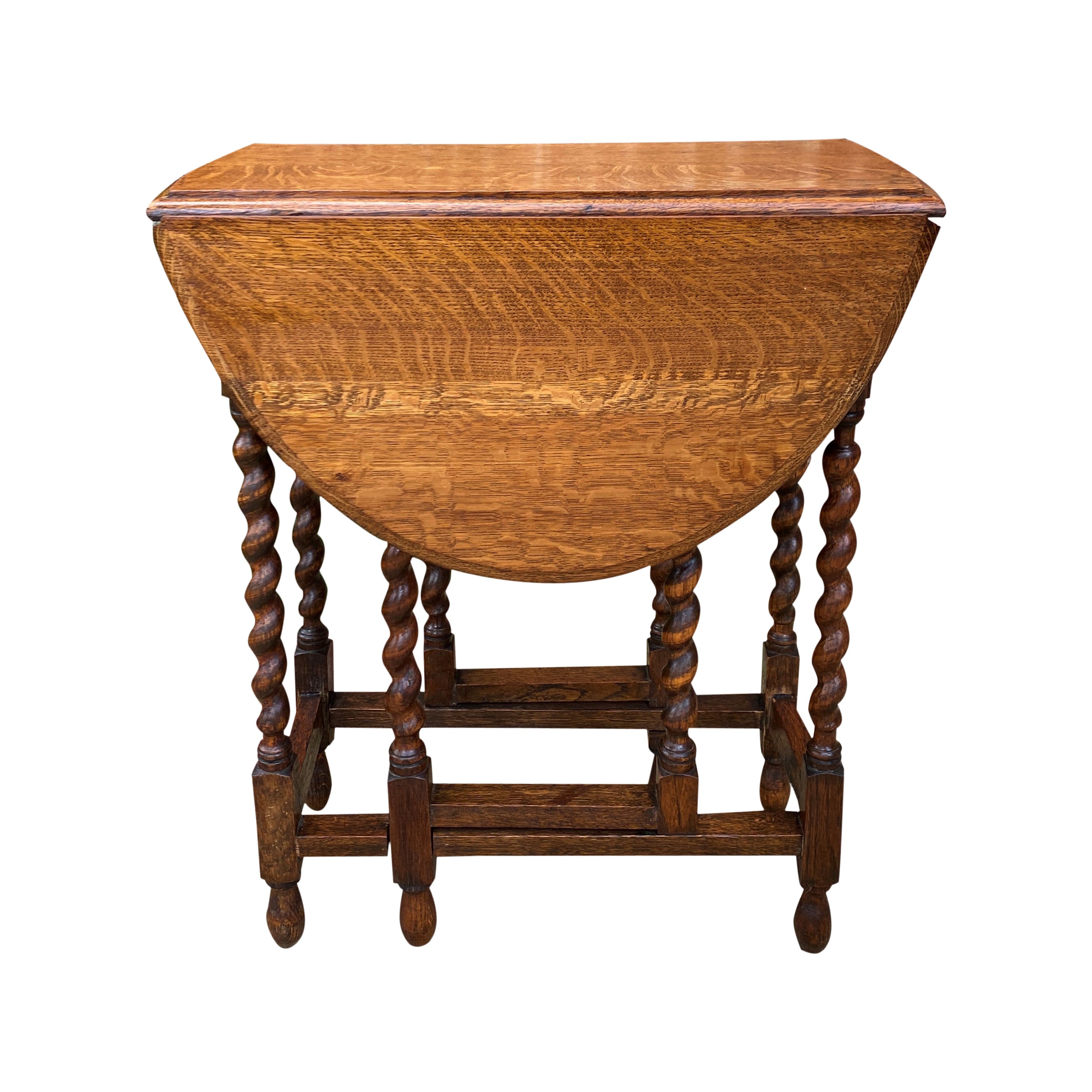 Antique English Drop Leaf Gateleg Barley Twist Nightstand Oval Honey Oak c.1920s