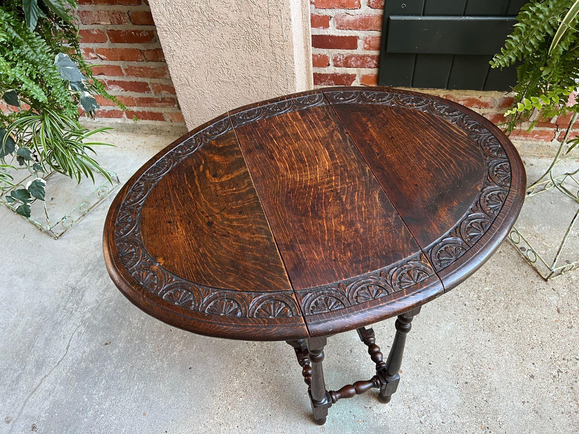 Antique English Drop Leaf Side Sofa Table Petite Carved Oak Jacobean Gate Leg 5