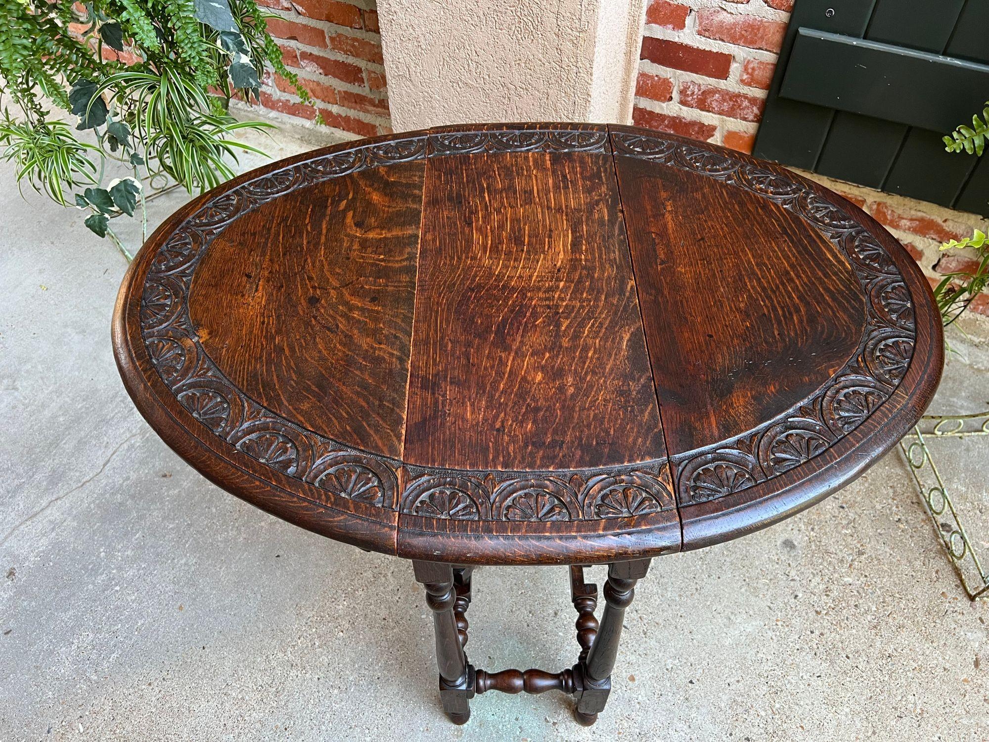 Antique English Drop Leaf Side Sofa Table Petite Carved Oak Jacobean Gate Leg 6