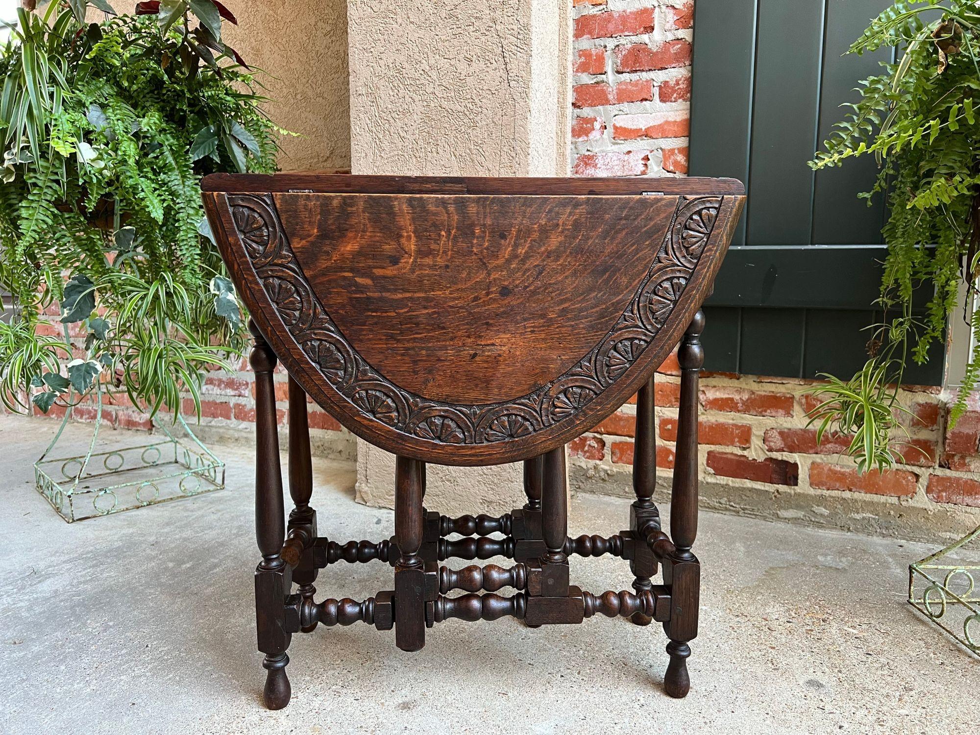 Antique English Drop Leaf Side Sofa Table Petite Carved Oak Jacobean Gate Leg 9