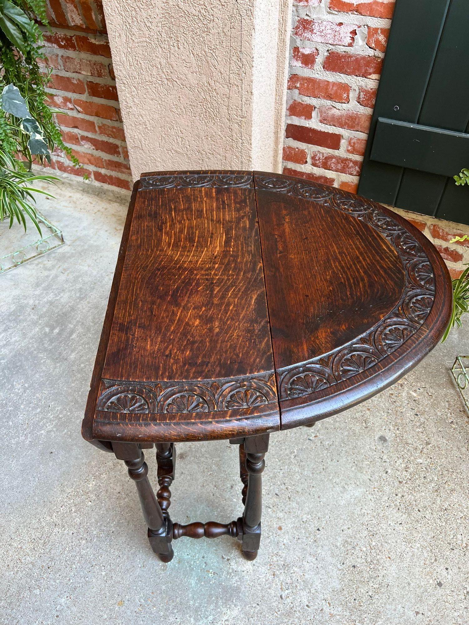 Antique English Drop Leaf Side Sofa Table Petite Carved Oak Jacobean Gate Leg 11
